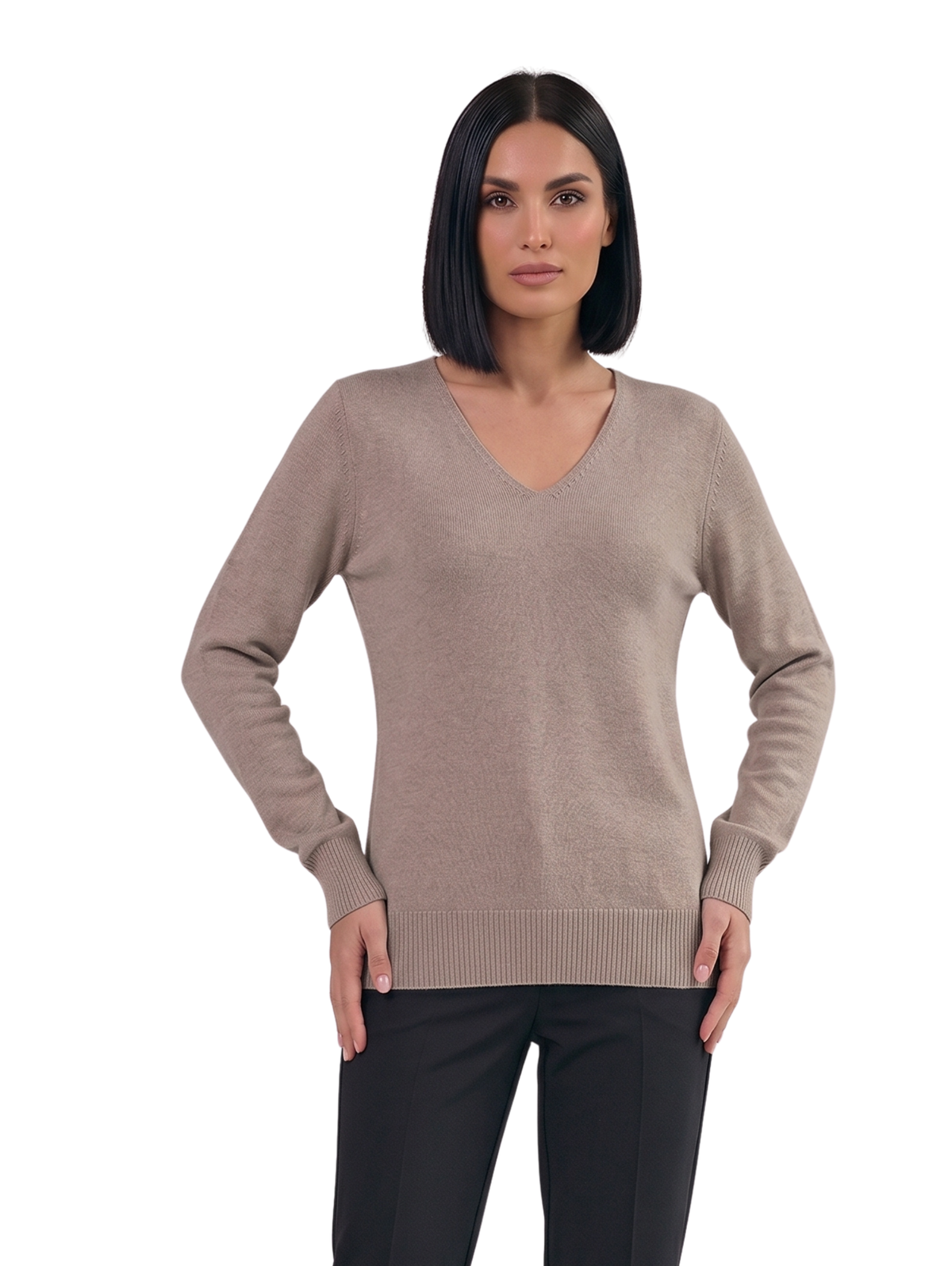 Beige Long Sleeved Pullover with V-Neck Line