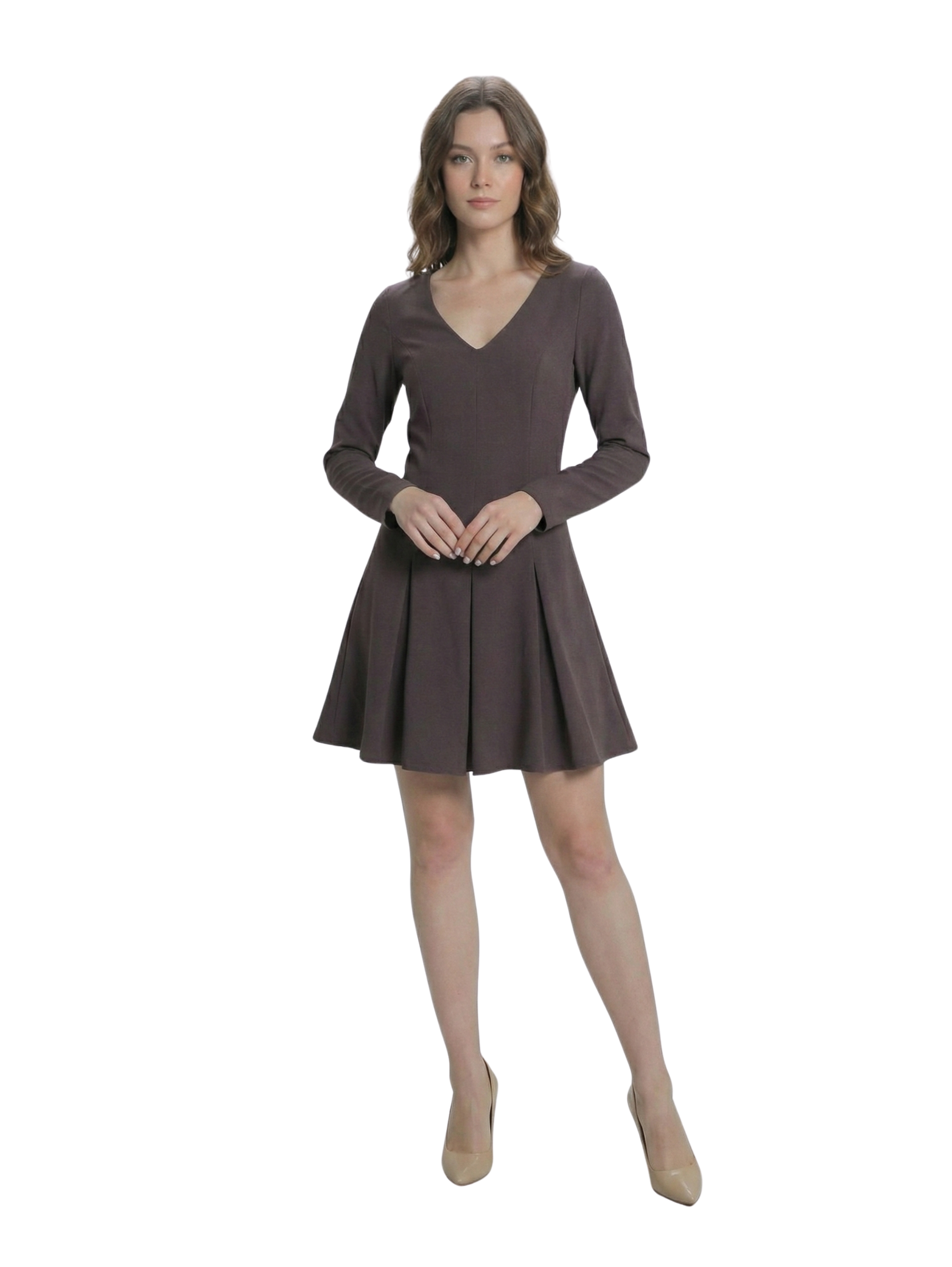 Long Sleeved Classy Brown V-Neck Dress