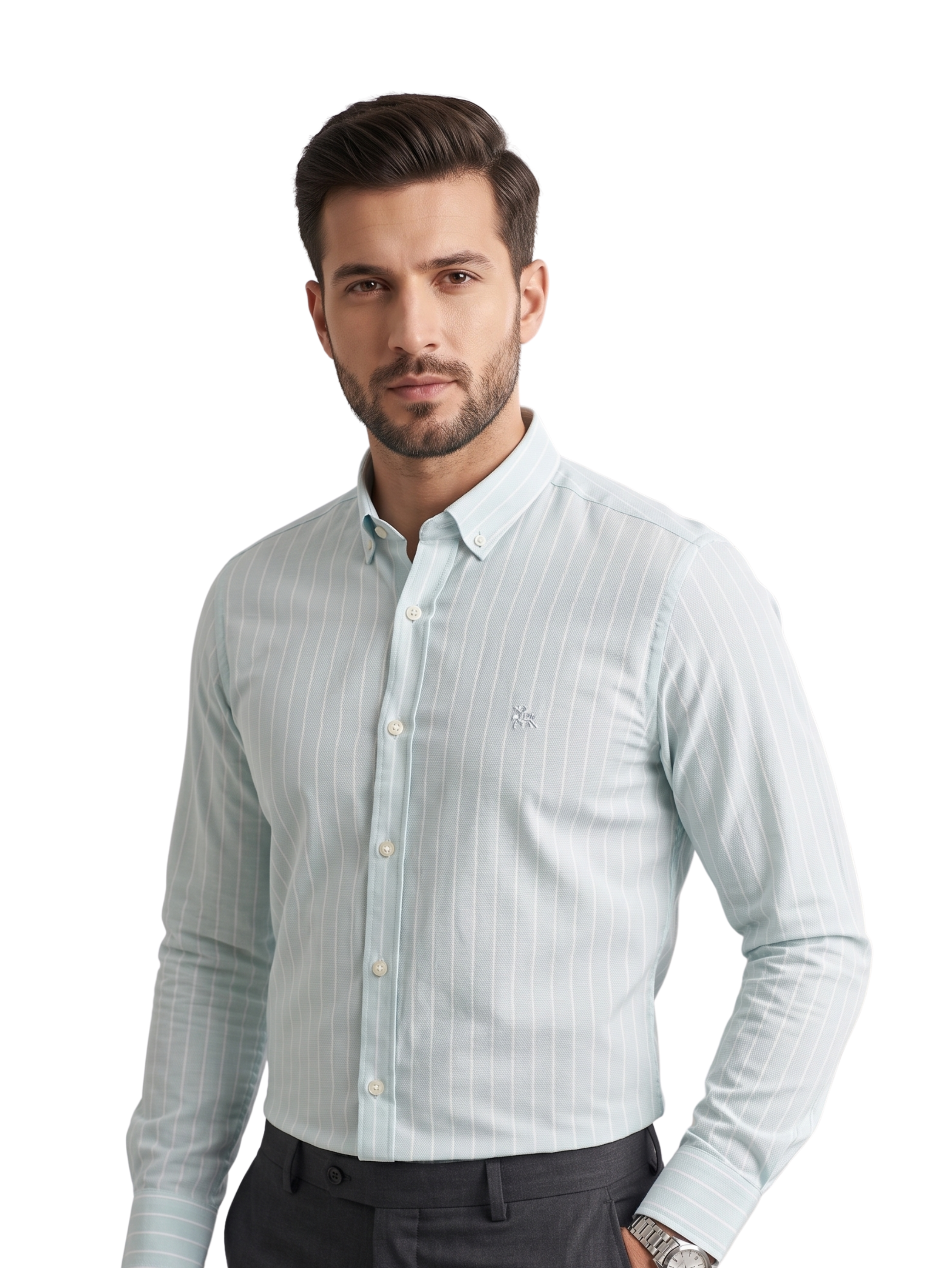 Slim Fit Mint Striped White Casual Shirt With Design Logo