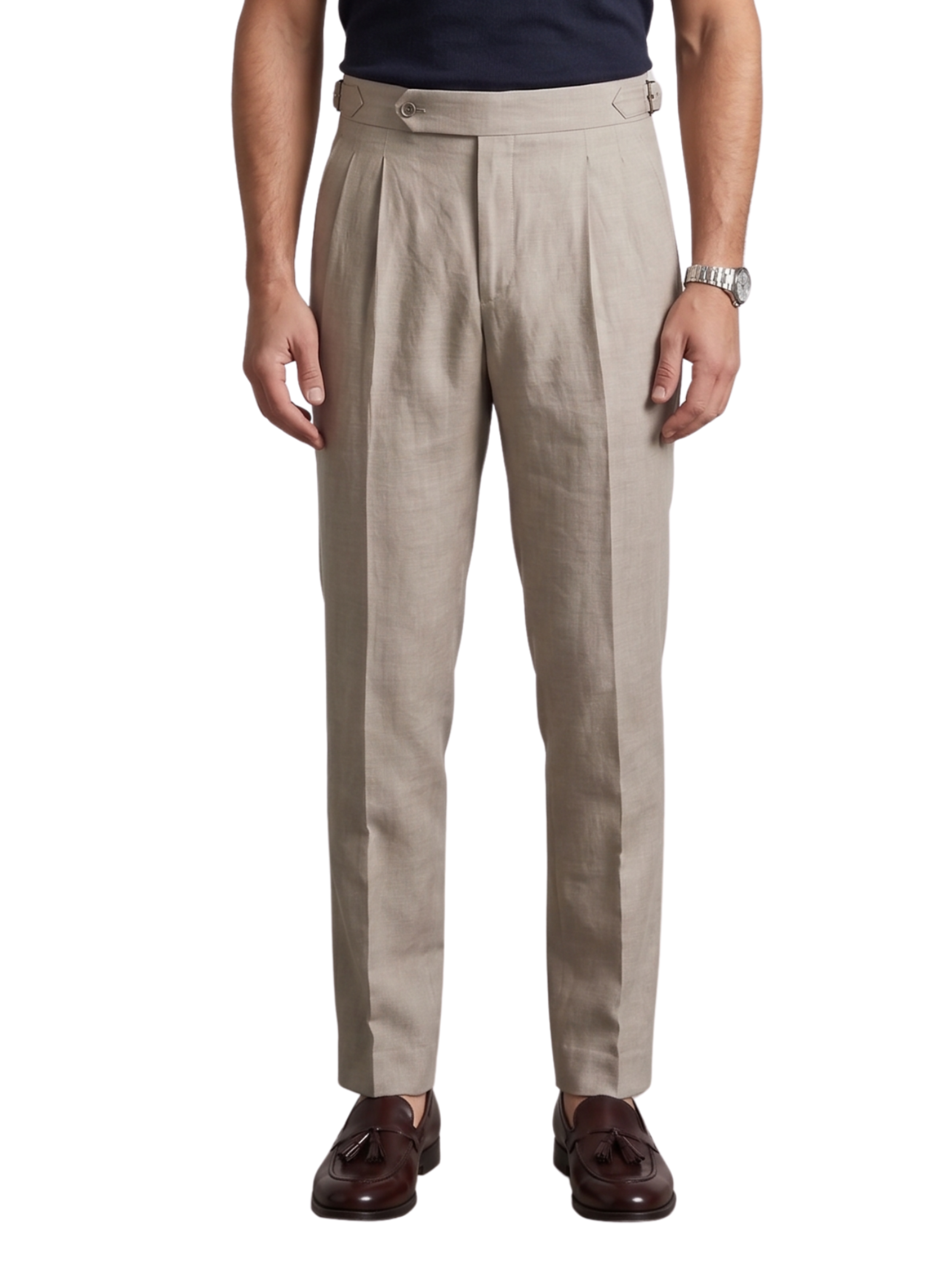 Beige High Waistband Pants With A Buttoned Tab Closure & Side Buckles