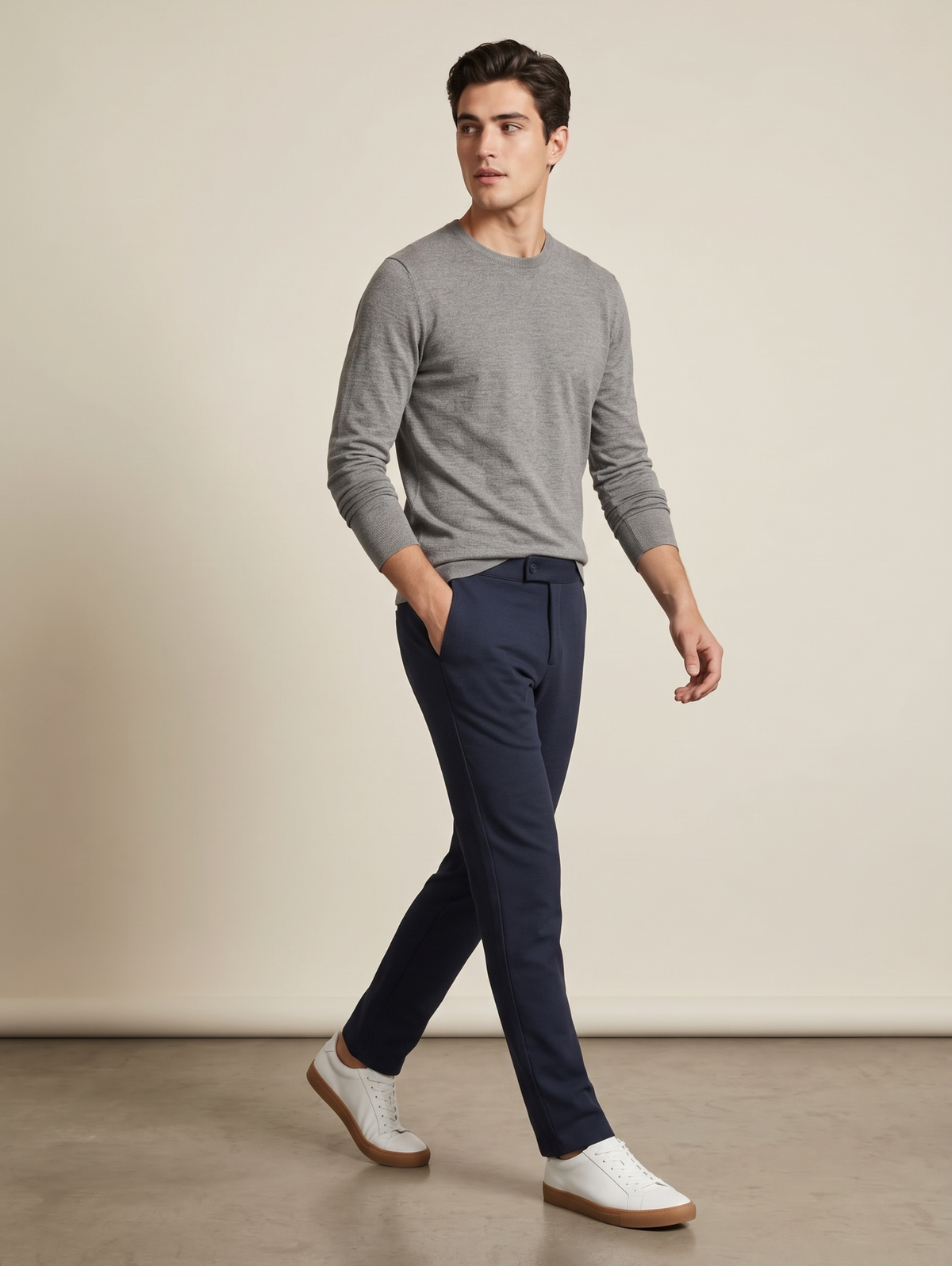 Navy Slim Straight Single Button Closure Pant With Back Elastic Waistband