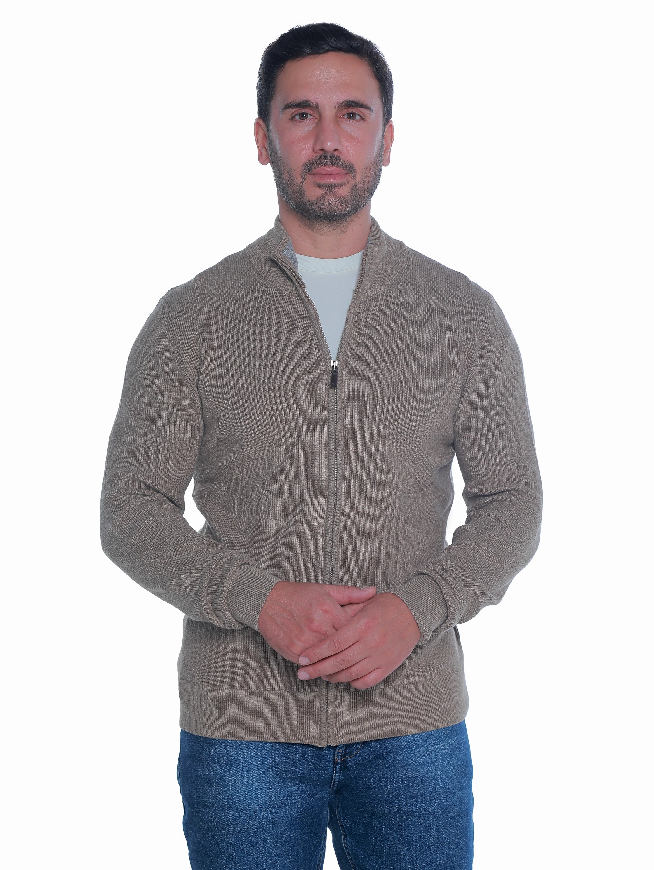 Beige Pullover With Full Zipper To Close