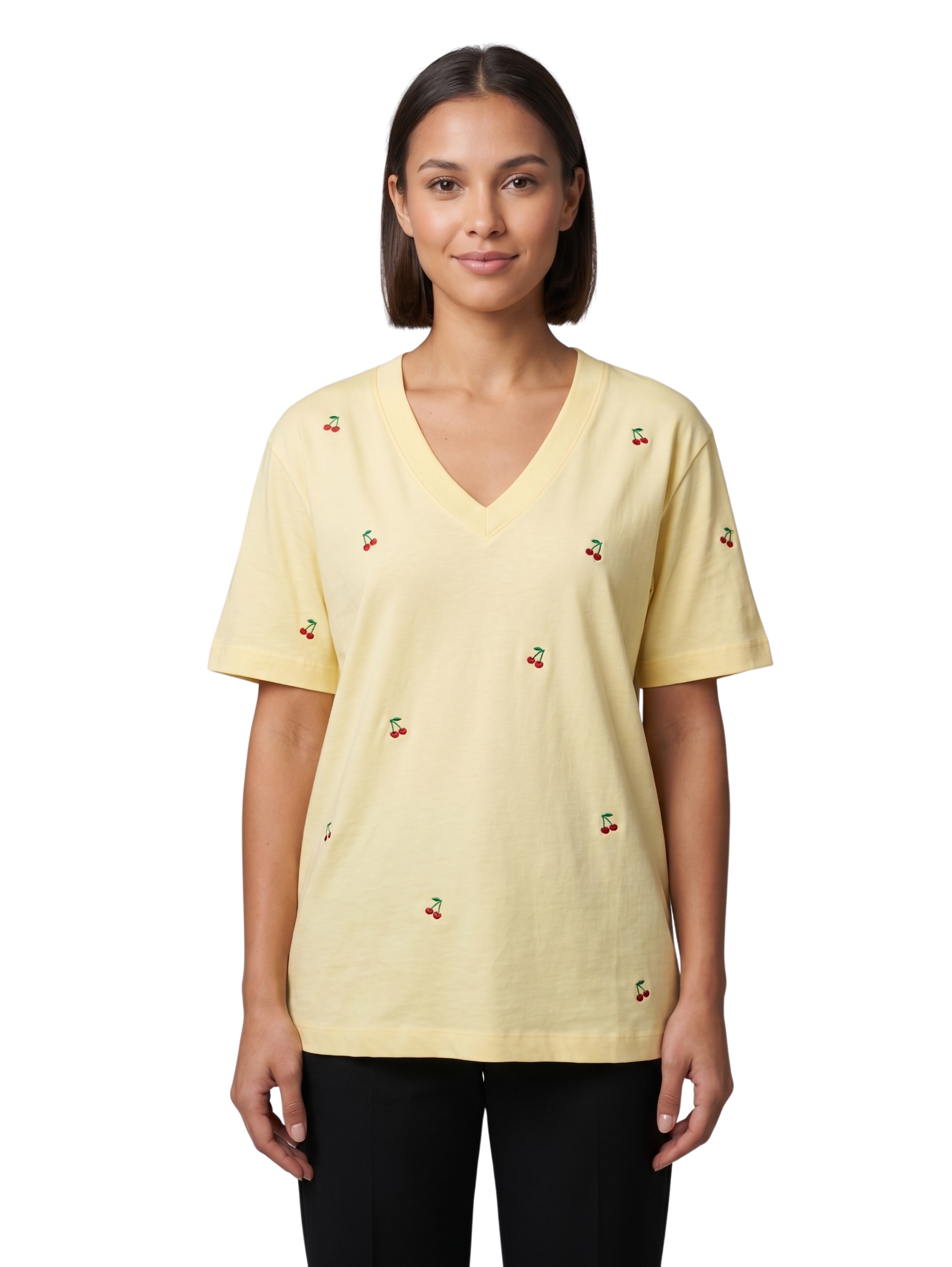 Yellow V Neck Short Sleeved T-Shirt With Printed Cherry Design