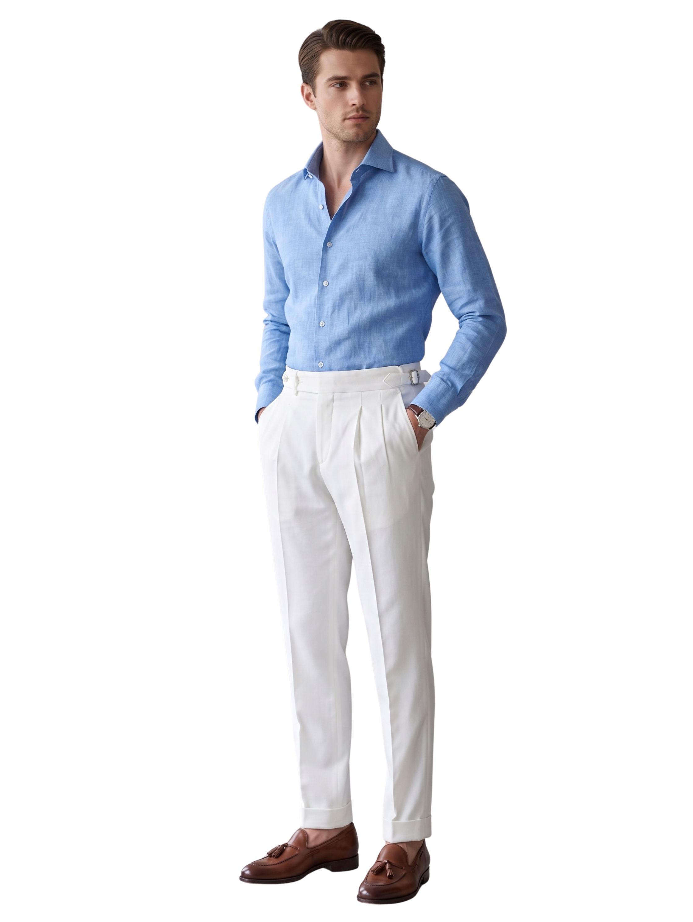 Classic White Double-Pleated Cuffed Pants