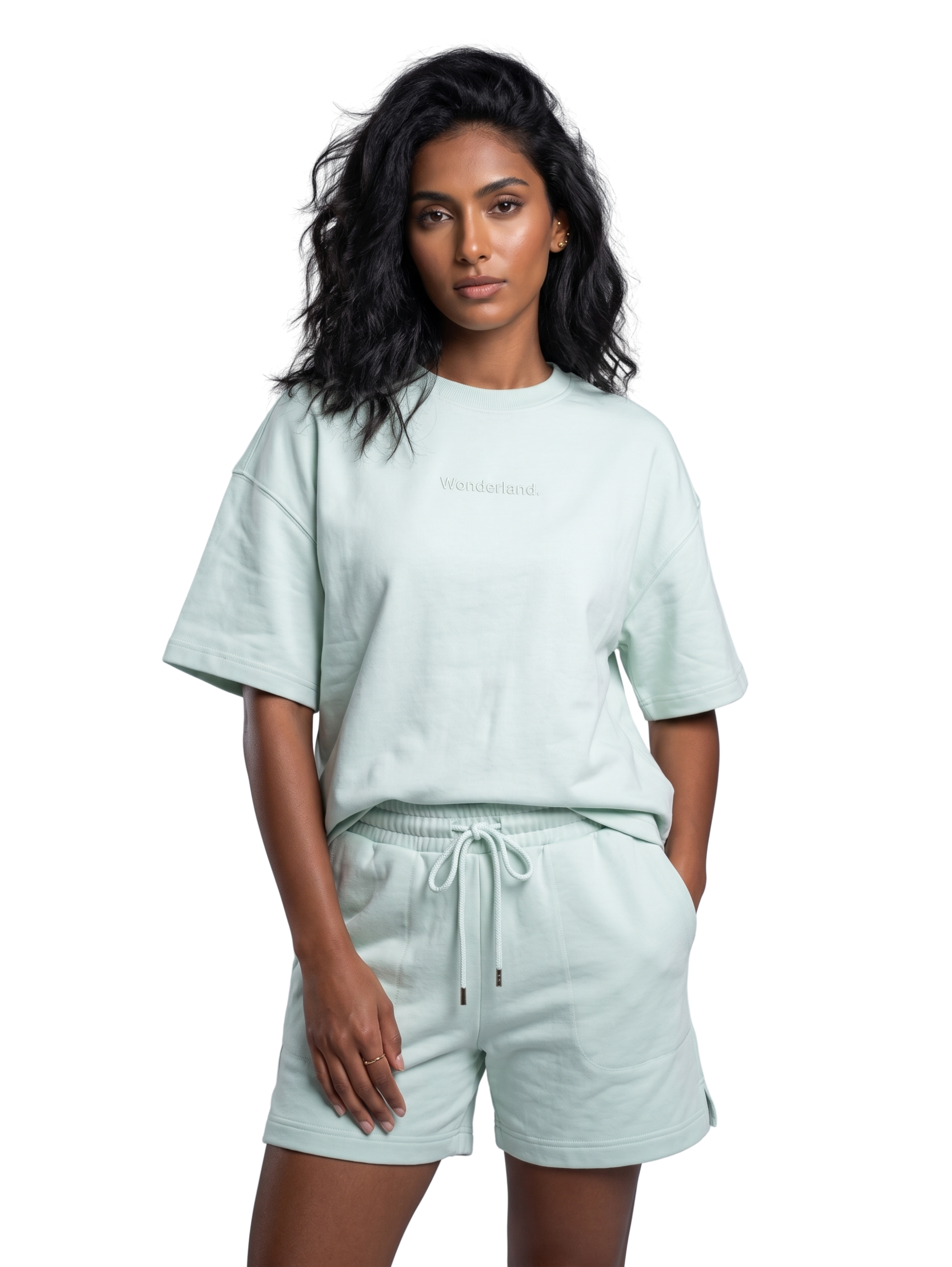Mint Two Piece Short Set With High Crew Neck
