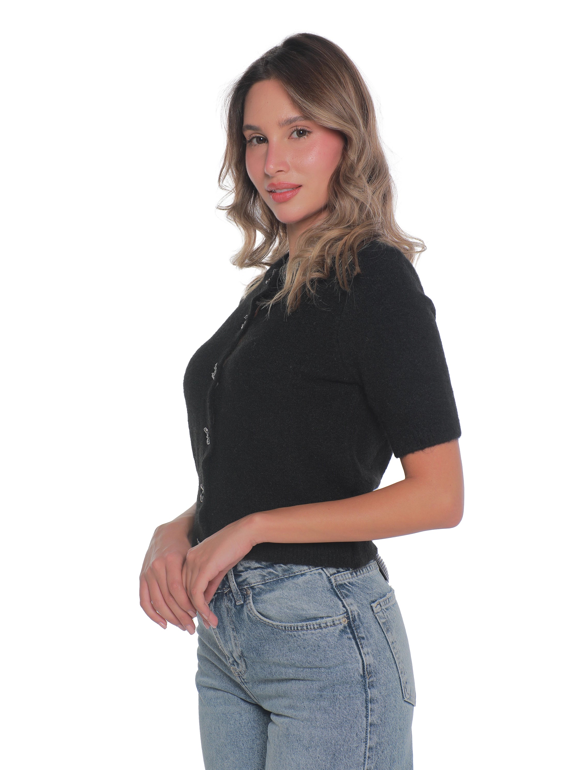 Black Short Sleeve Pullover With Button To Close