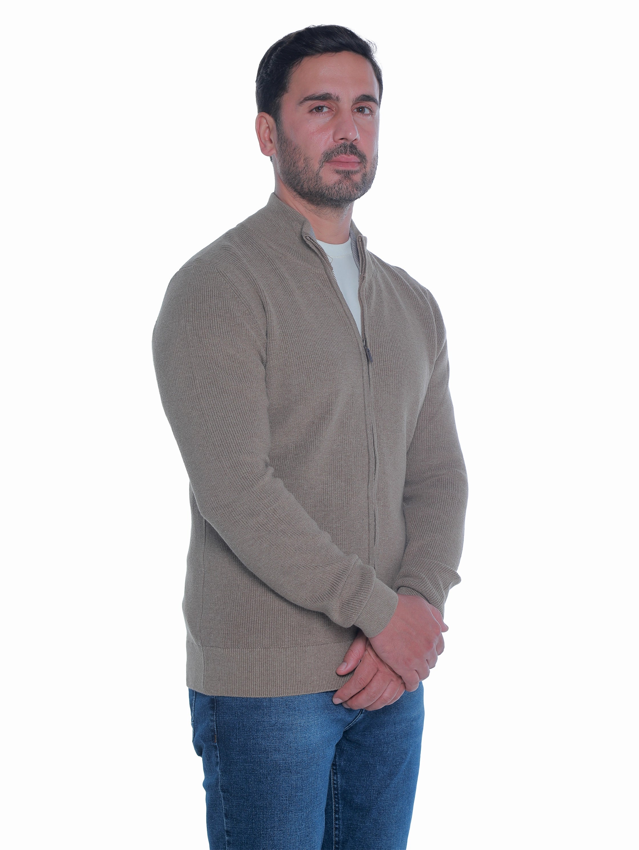 Beige Pullover With Full Zipper To Close