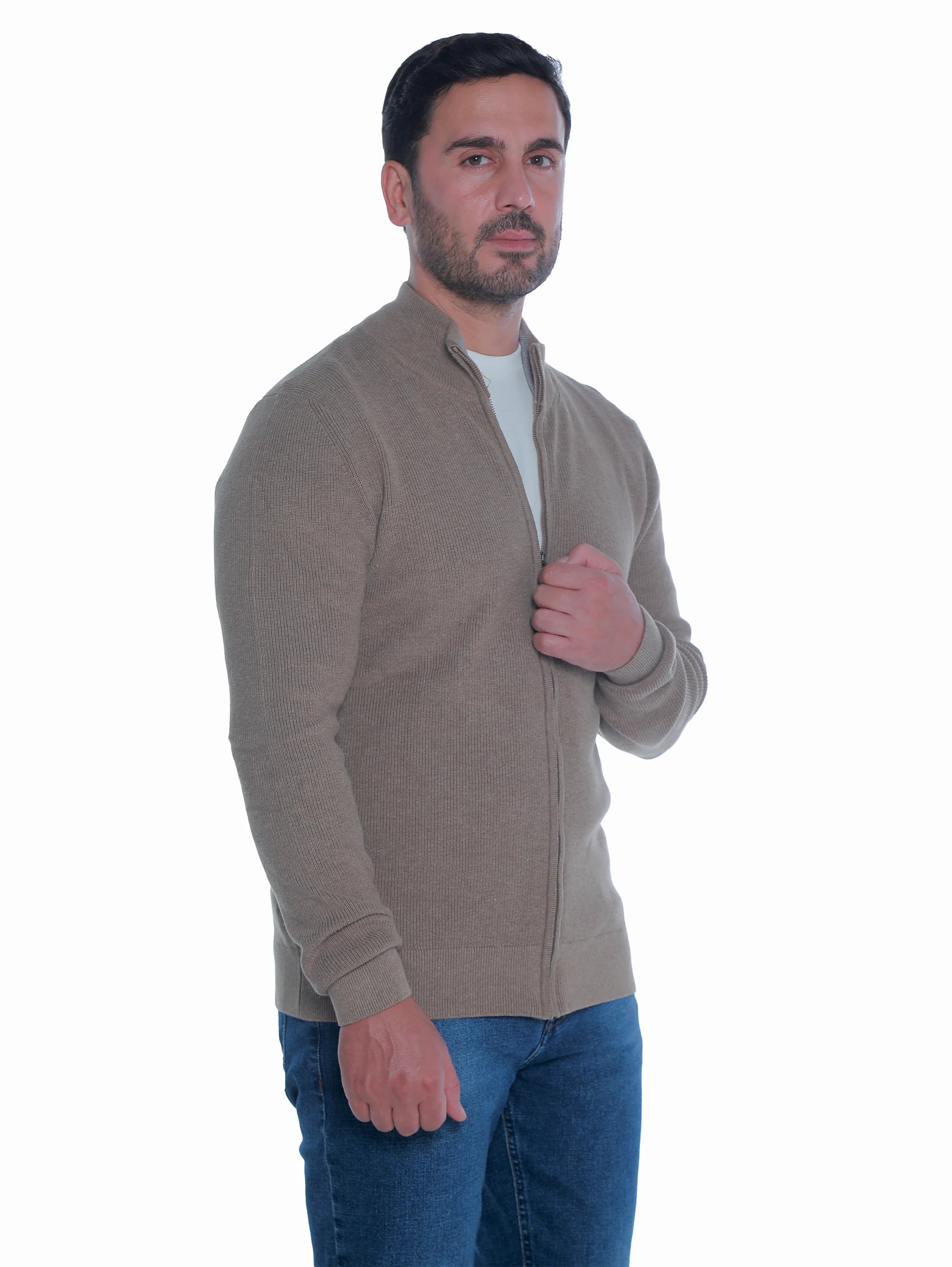Beige Pullover With Full Zipper To Close