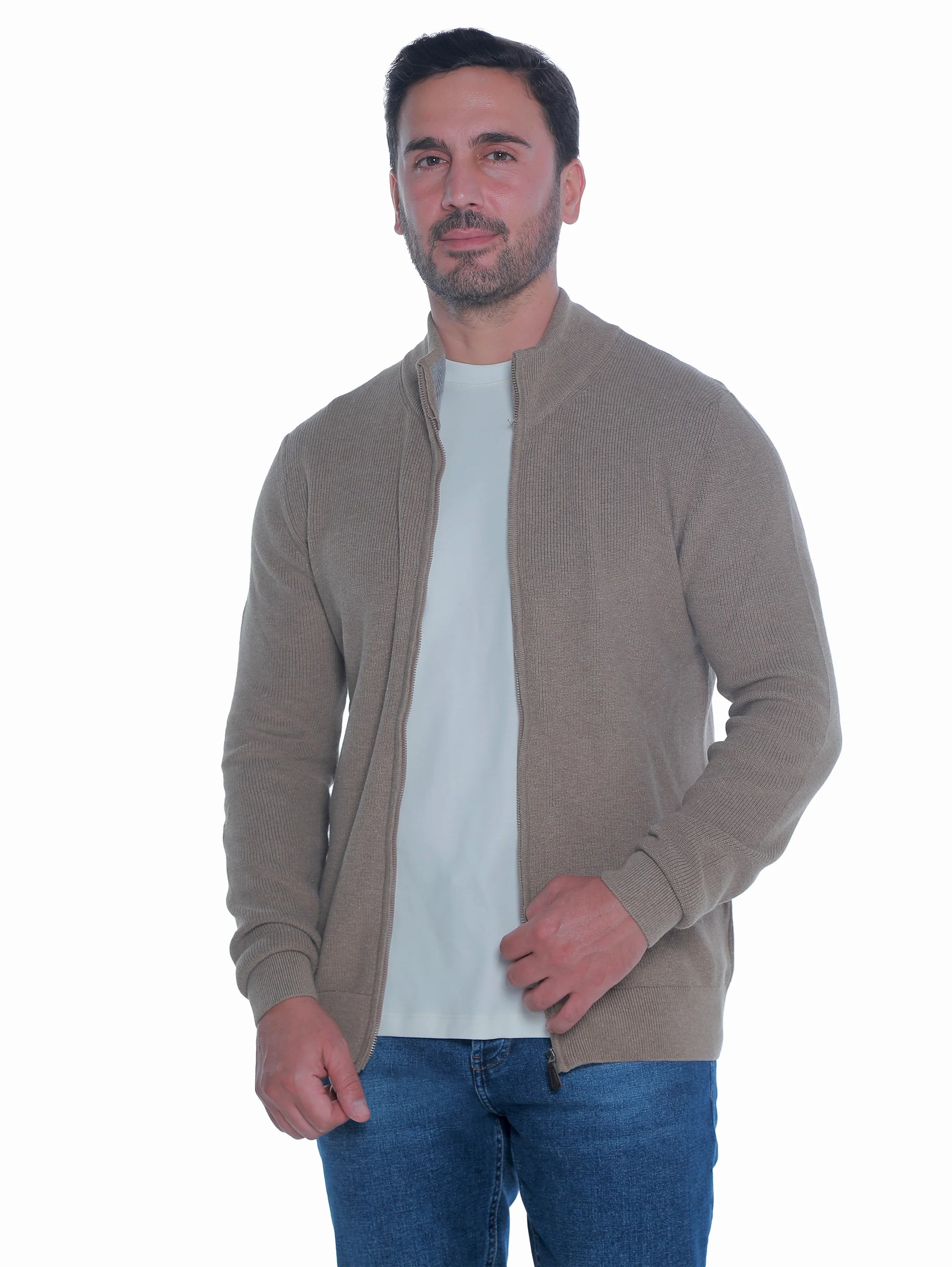 Beige Pullover With Full Zipper To Close