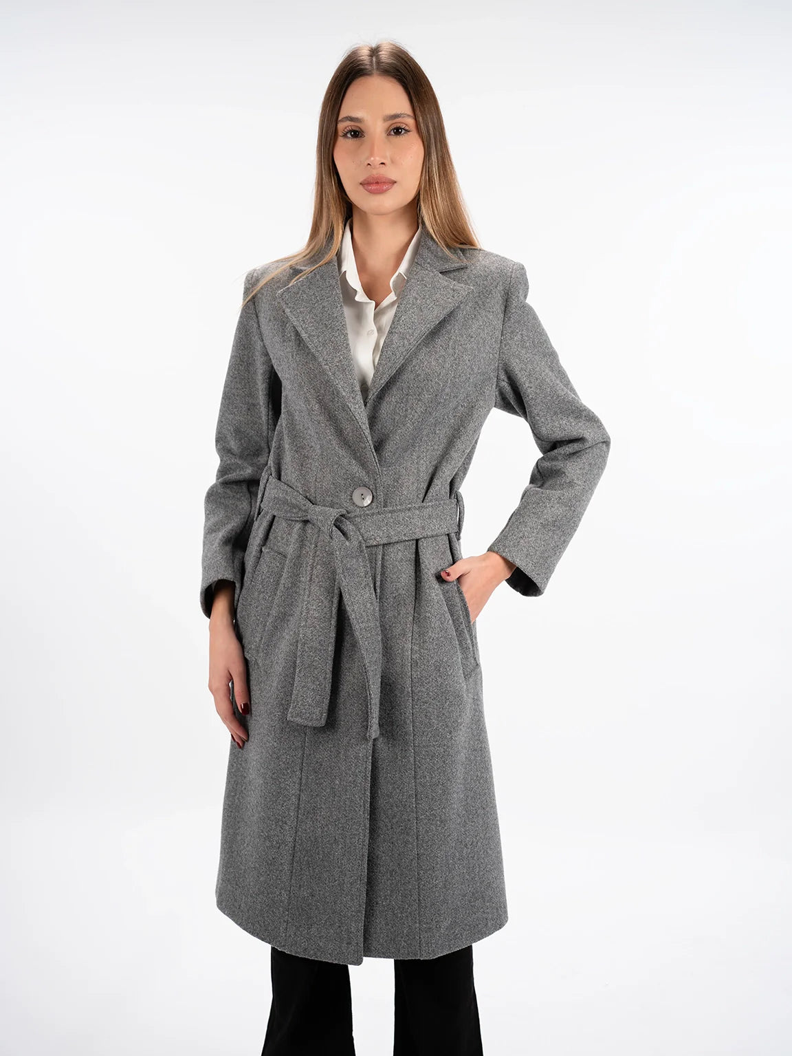 Belted Grey Long Coat With Slanted Pockets