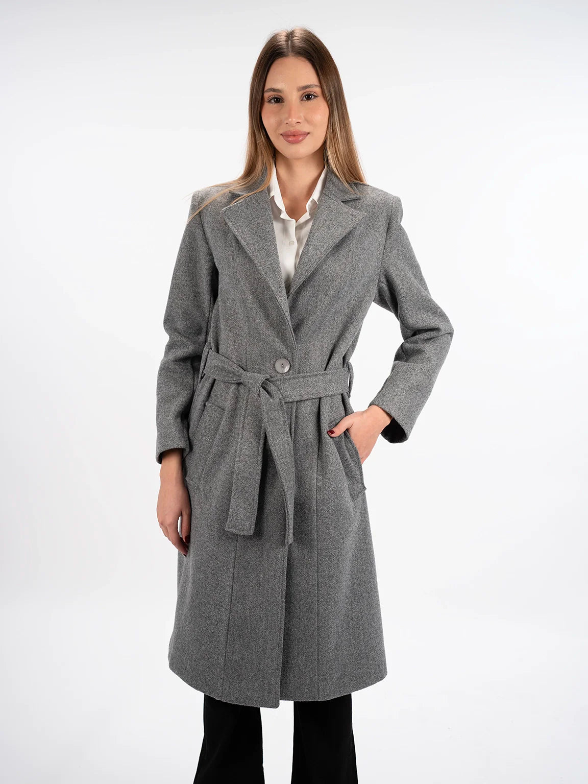 Belted Grey Long Coat With Slanted Pockets