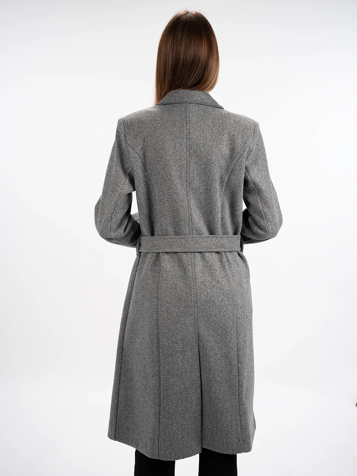 Belted Grey Long Coat With Slanted Pockets