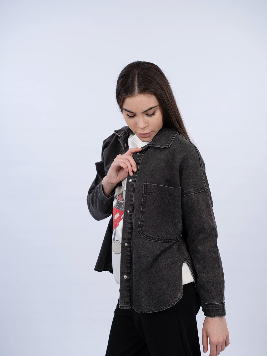 Dark Grey Denim Jacket With Chest Pockets