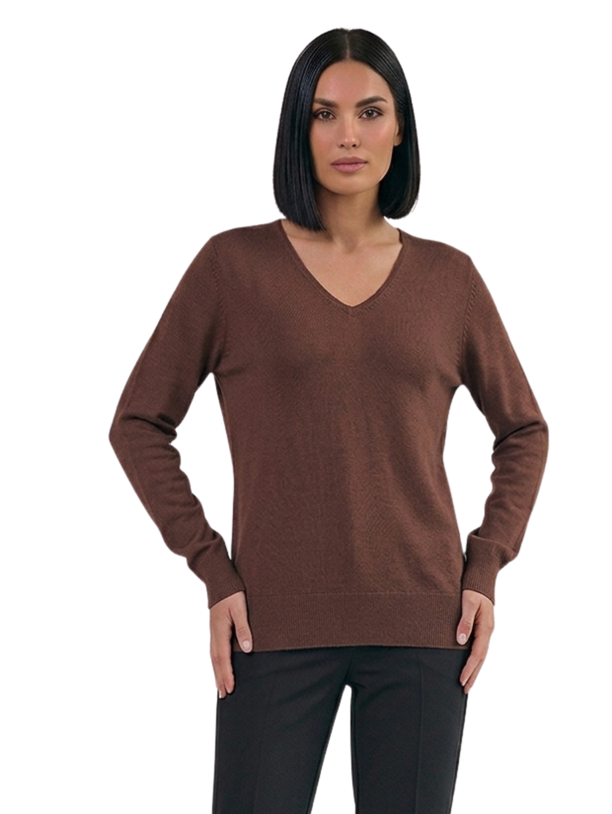 Brown Long Sleeved Pullover with V-Neck Line