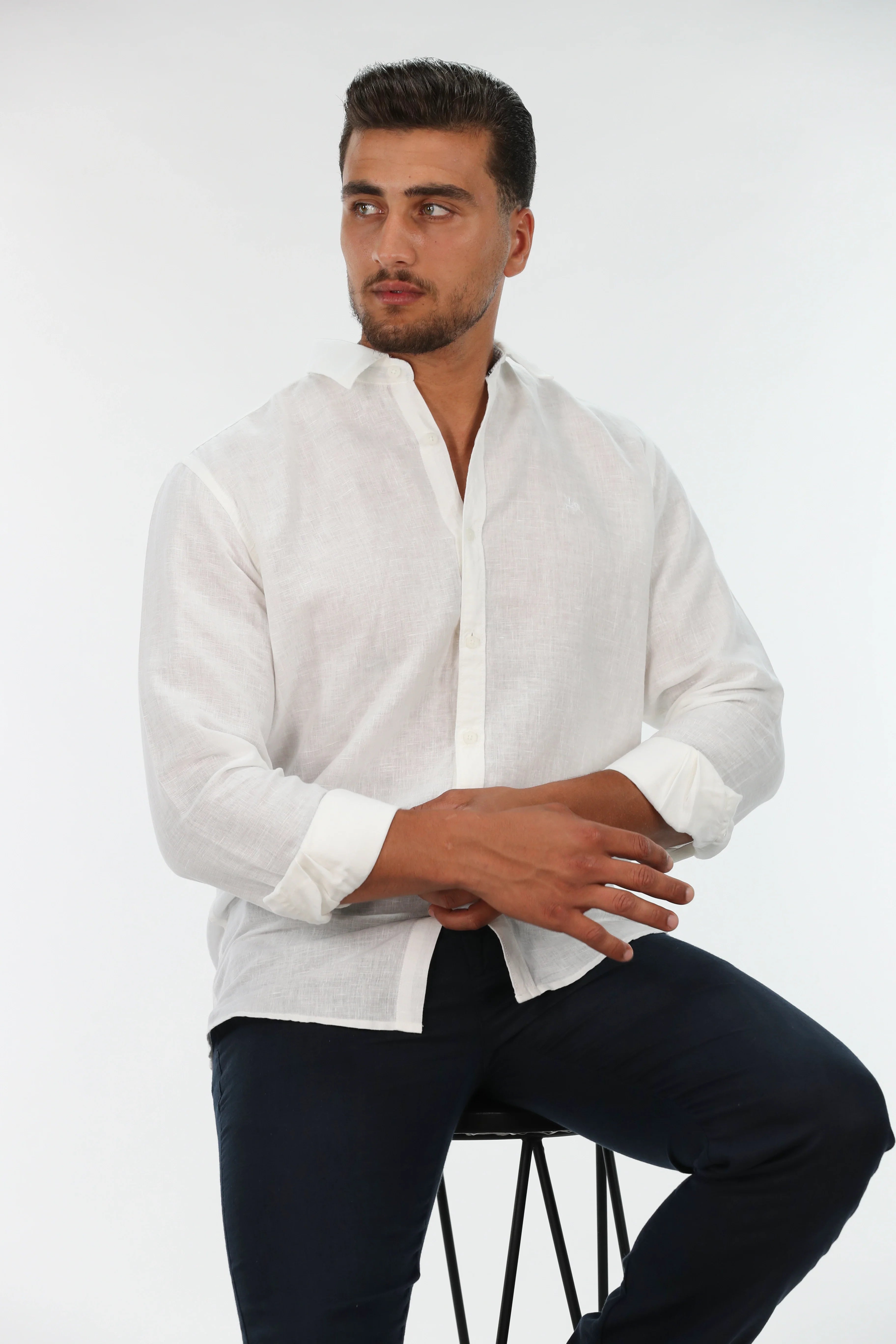 Long Sleeved White Plain Linen Shirt