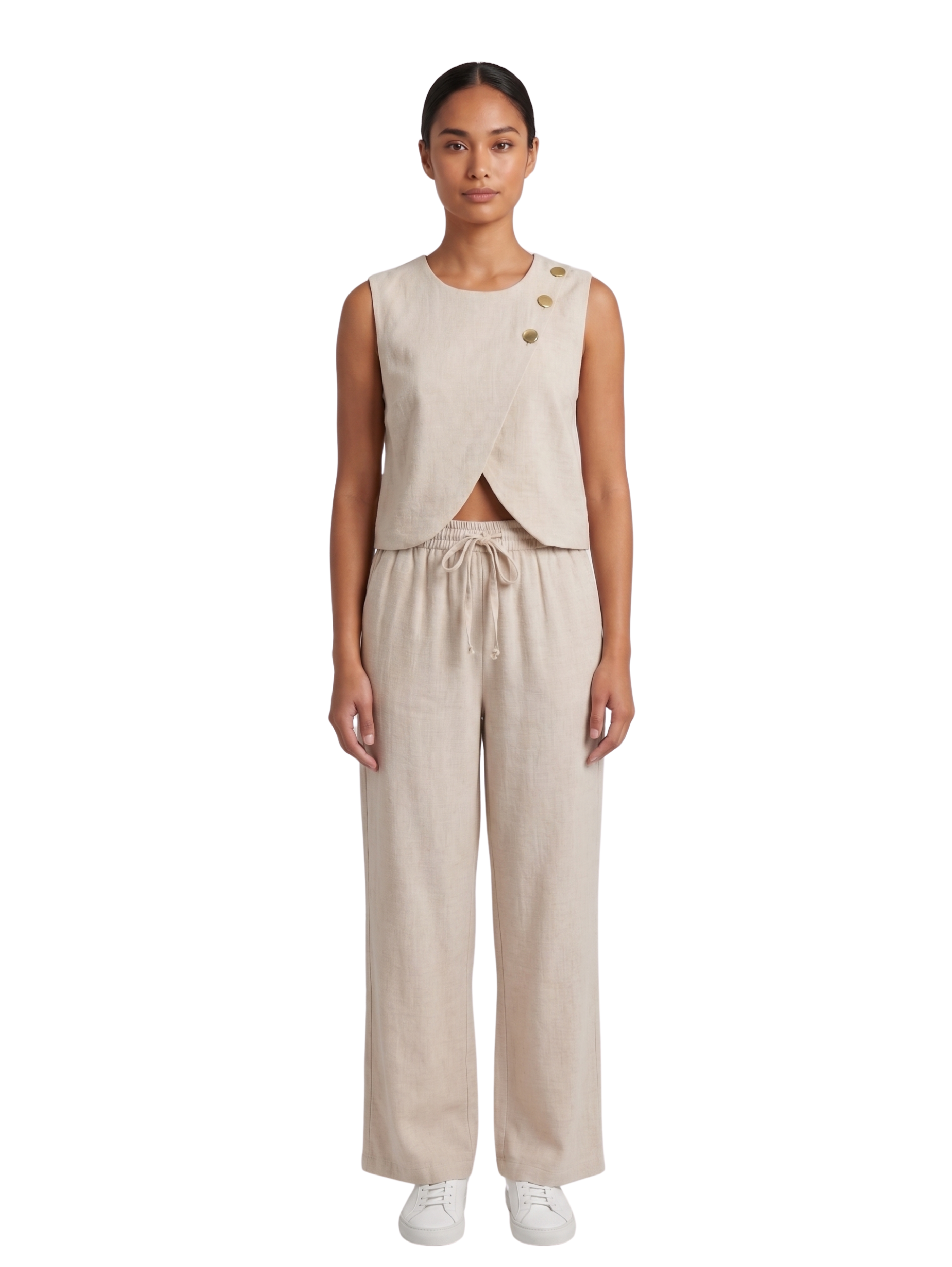 Beige Sleeveless Linen Pants Set