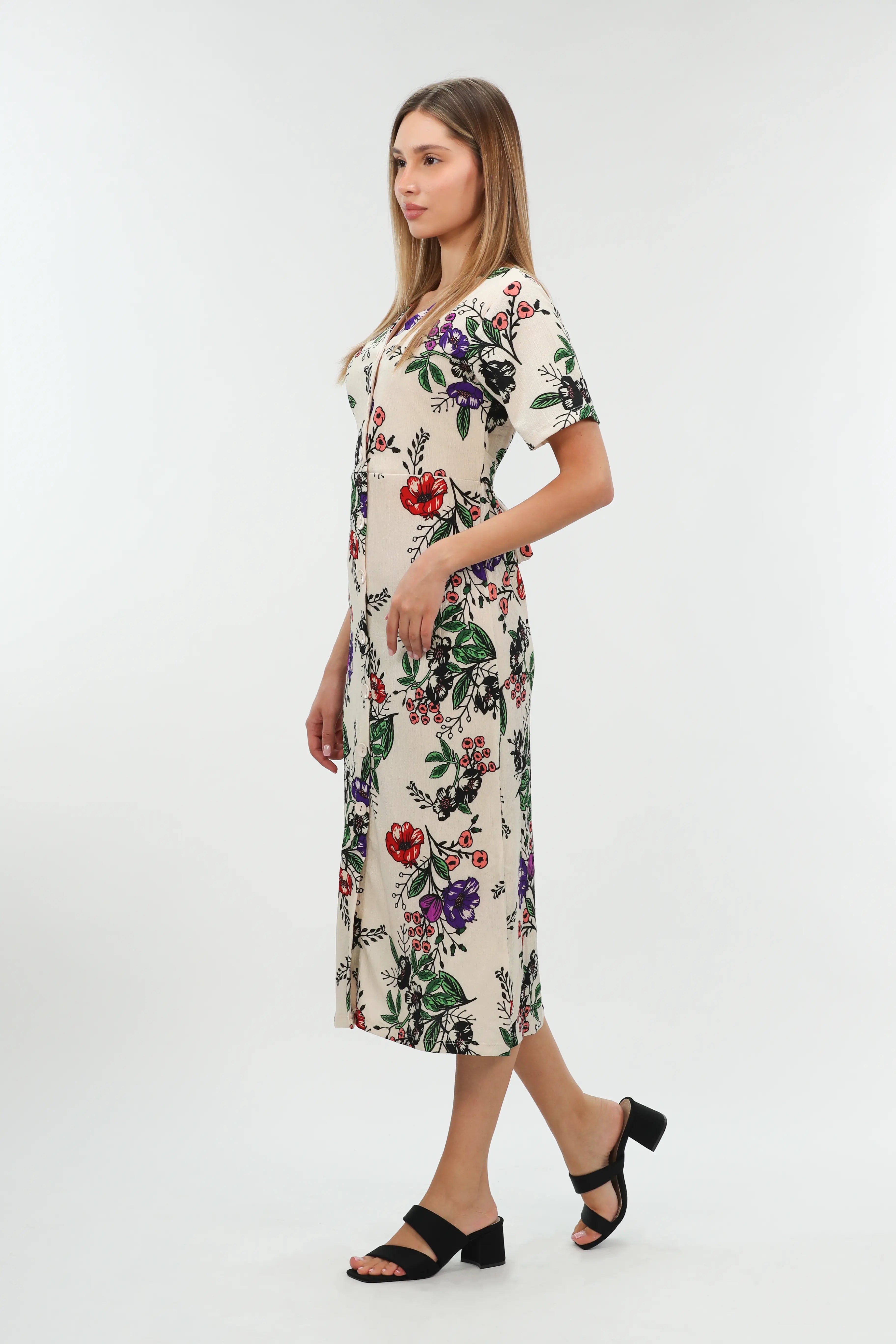 Beige Dress Short Sleeved With Flower Design