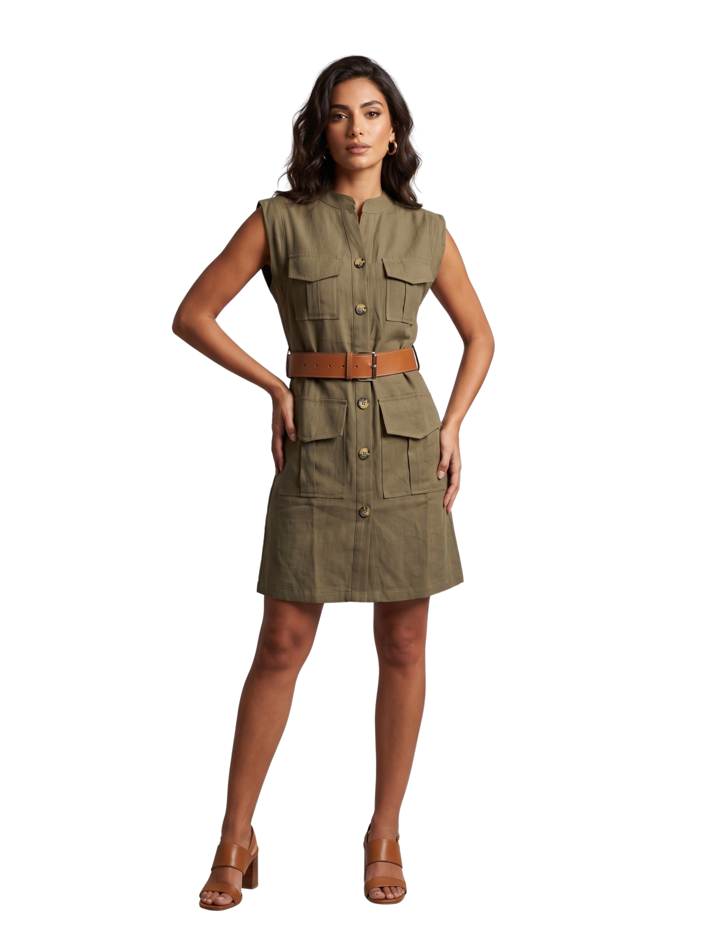 Olive Sleeveless Shirt Mini Dress With Belt