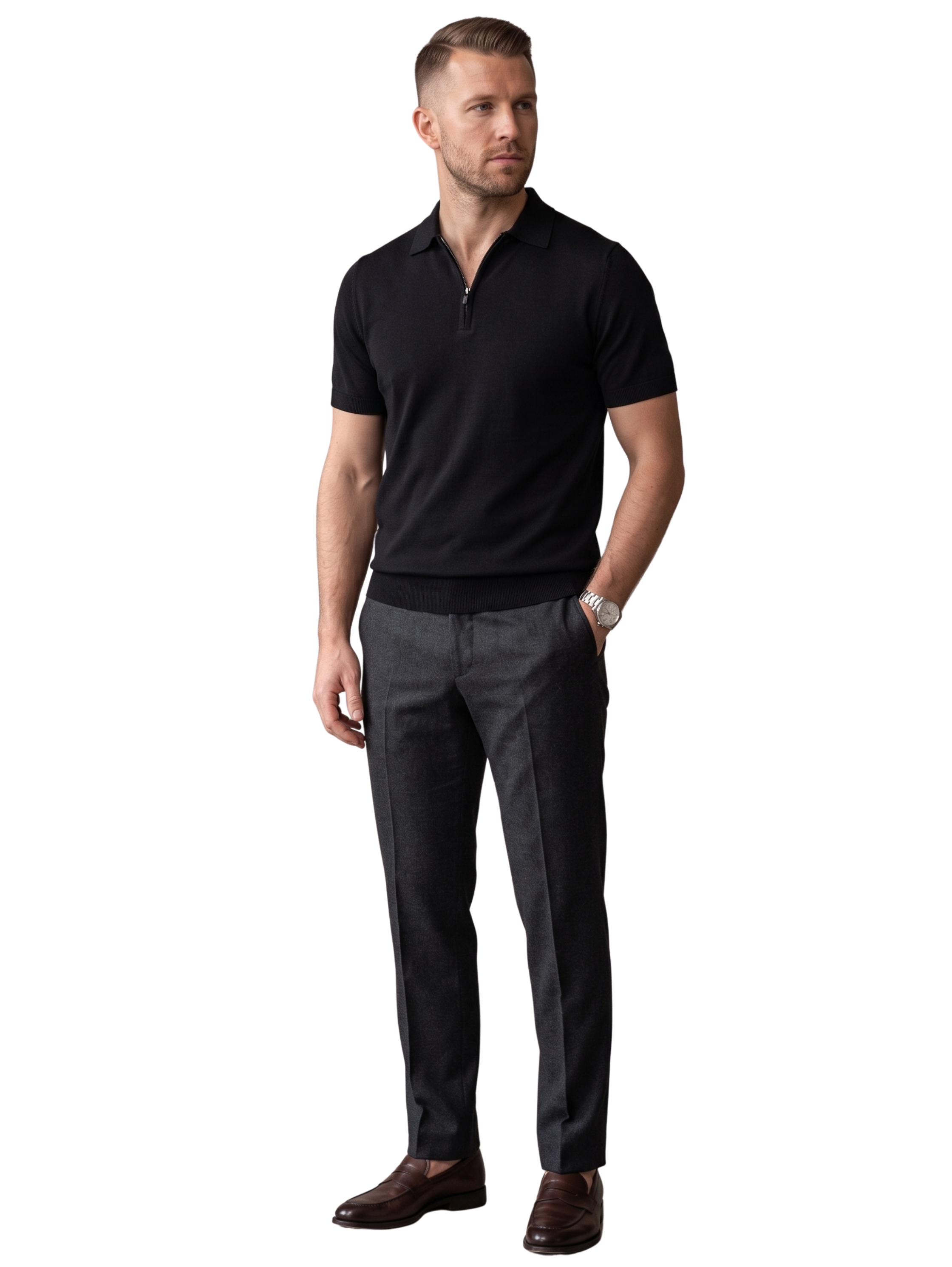 Black Short Sleeved Polo With Neckline Zipper