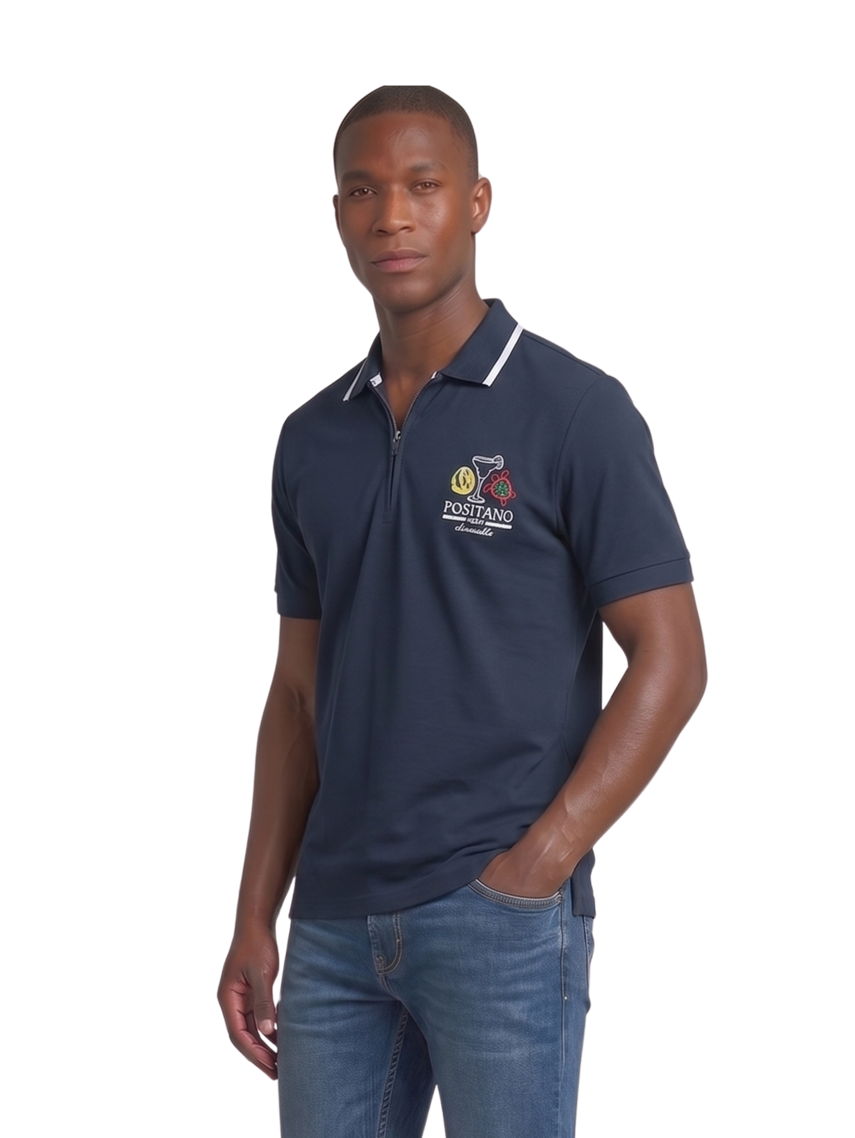 Xint Navy Short Sleeved Polo With a Modern Quarter Zip Closure & Printed Design
