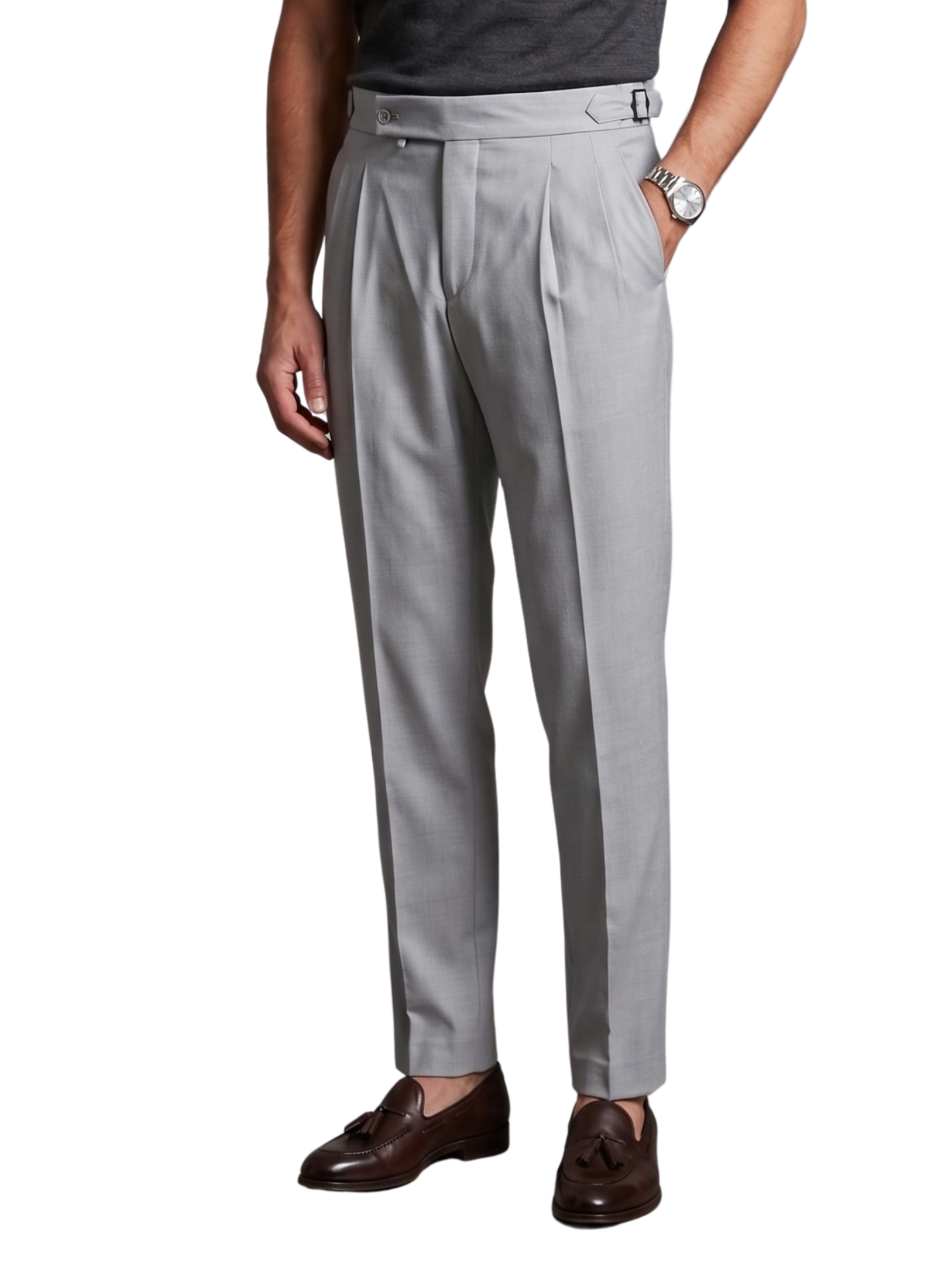 Grey High Waistband Pants With A Buttoned Tab Closure & Side Buckles