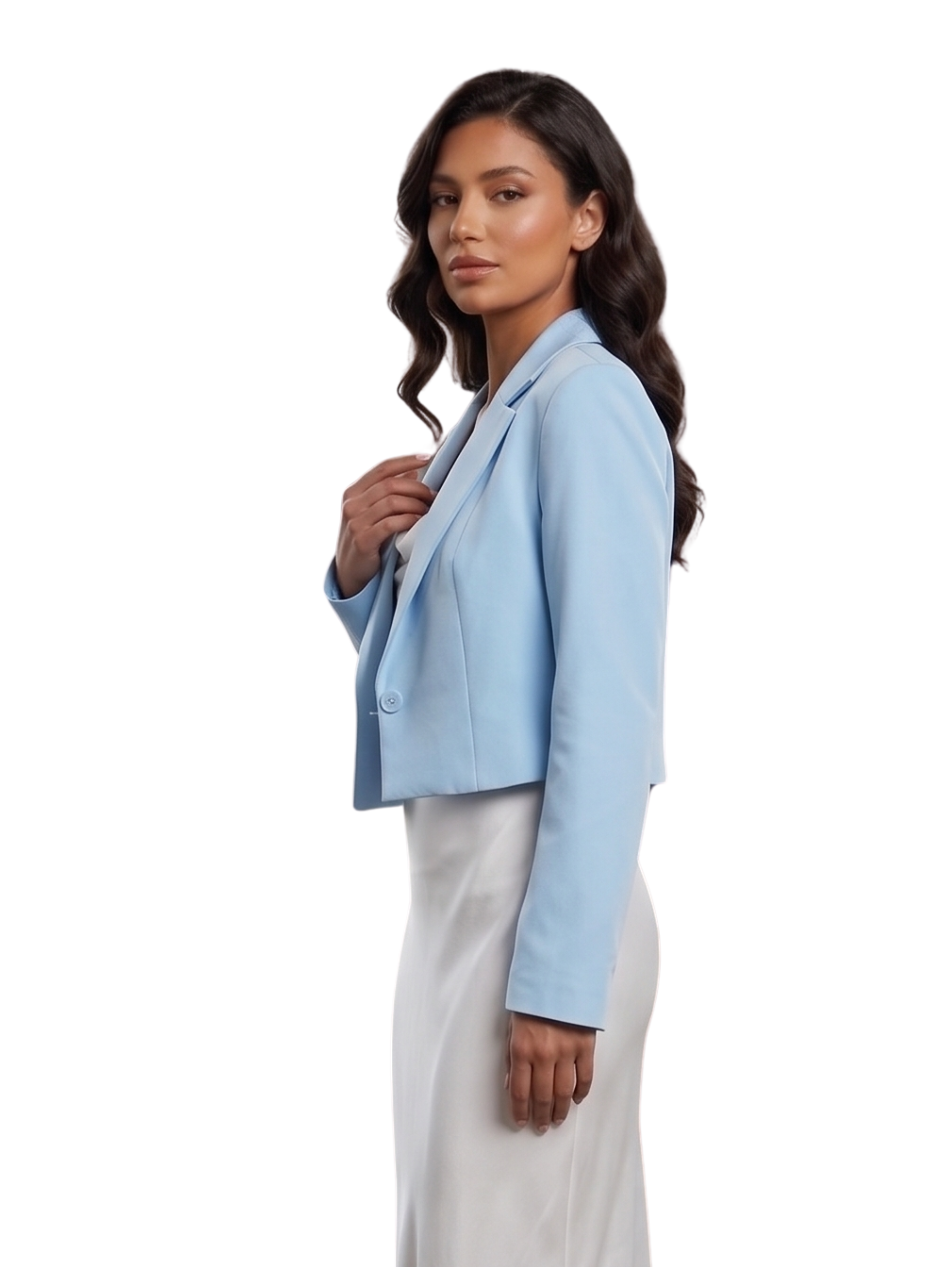 Light Blue Cropped Blazer With Singel Button Closure & Notched Lapel Collar
