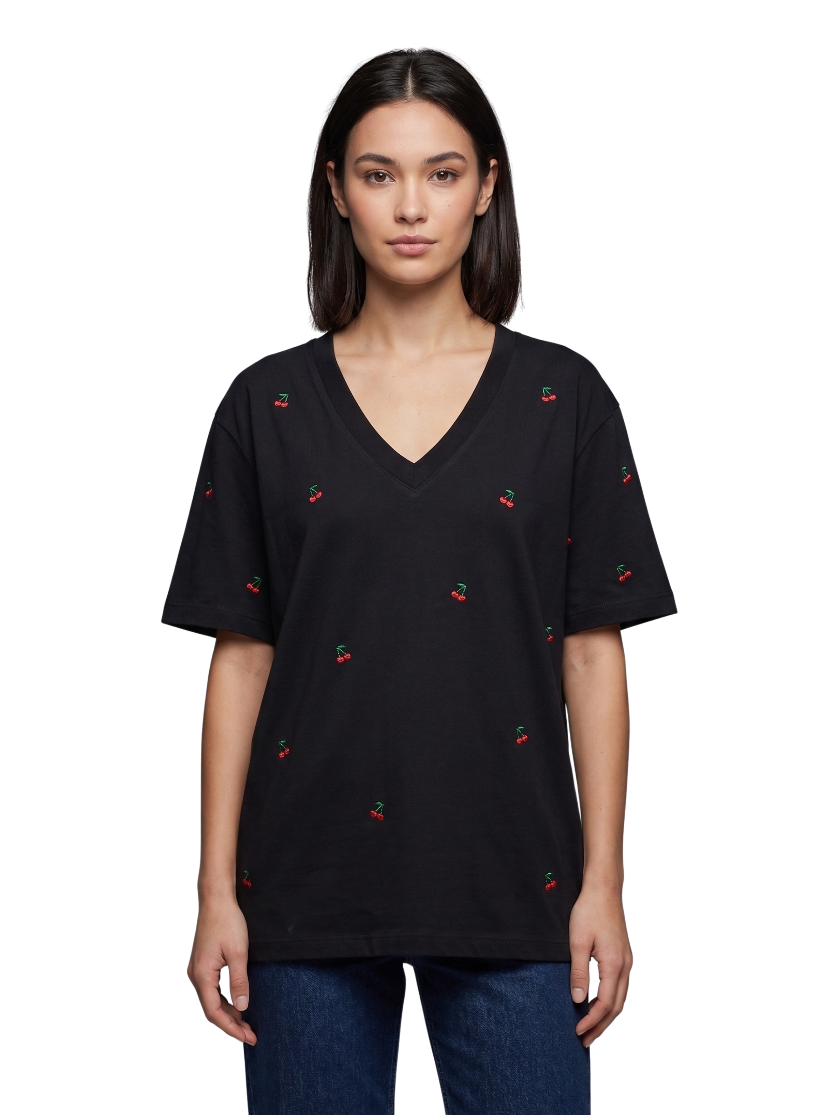 Black V Neck Short Sleeved T-Shirt With Printed Cherry Design