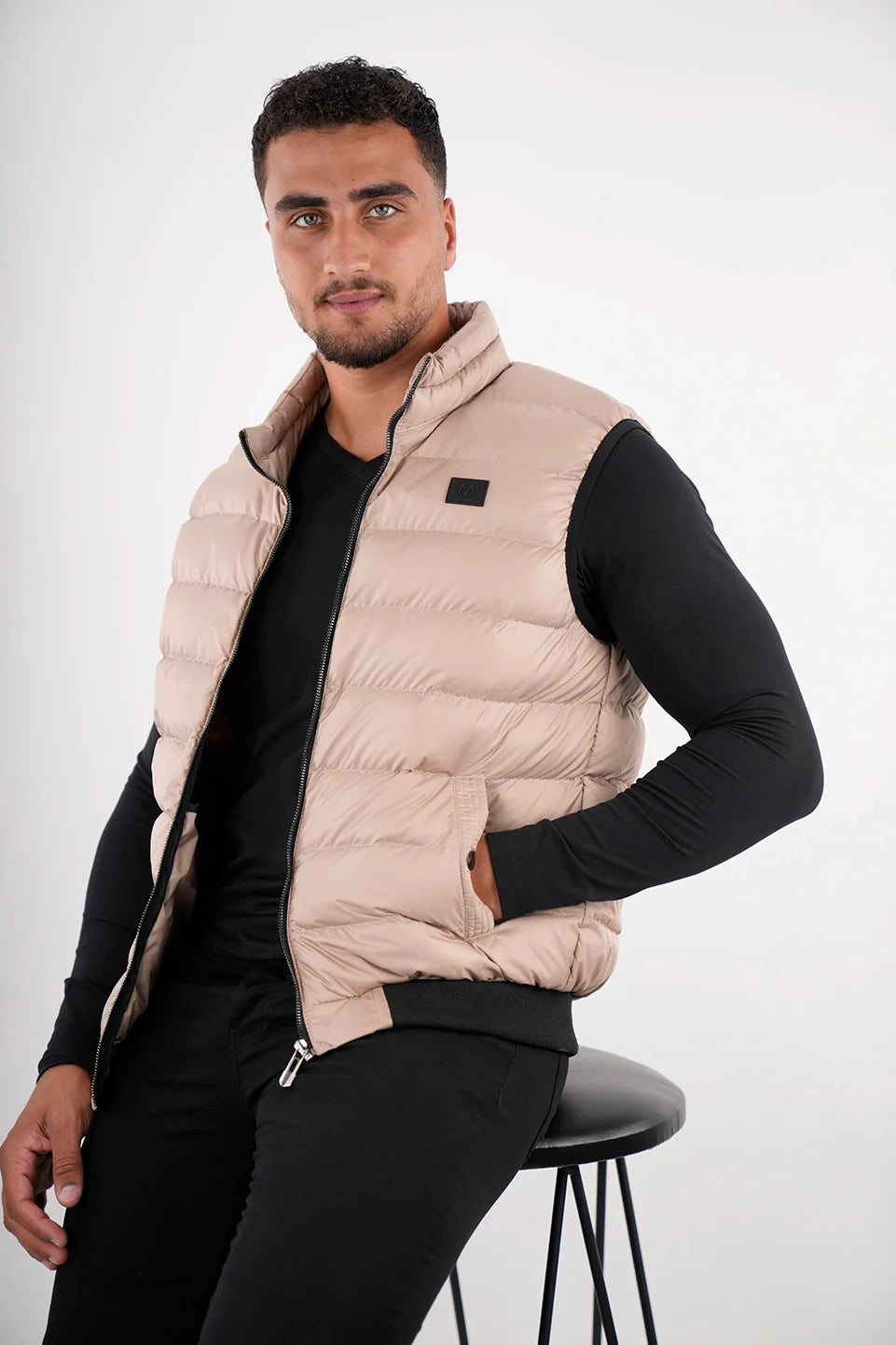 Beige Vest Puffer With Side Pockets