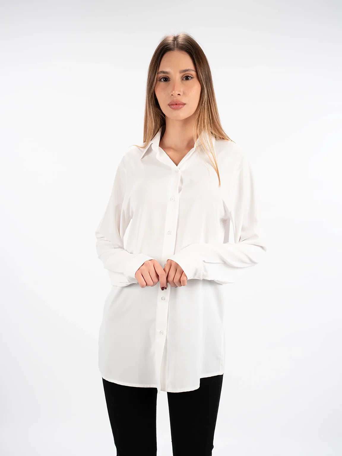 Long Sleeved White Shirt With Button To Close