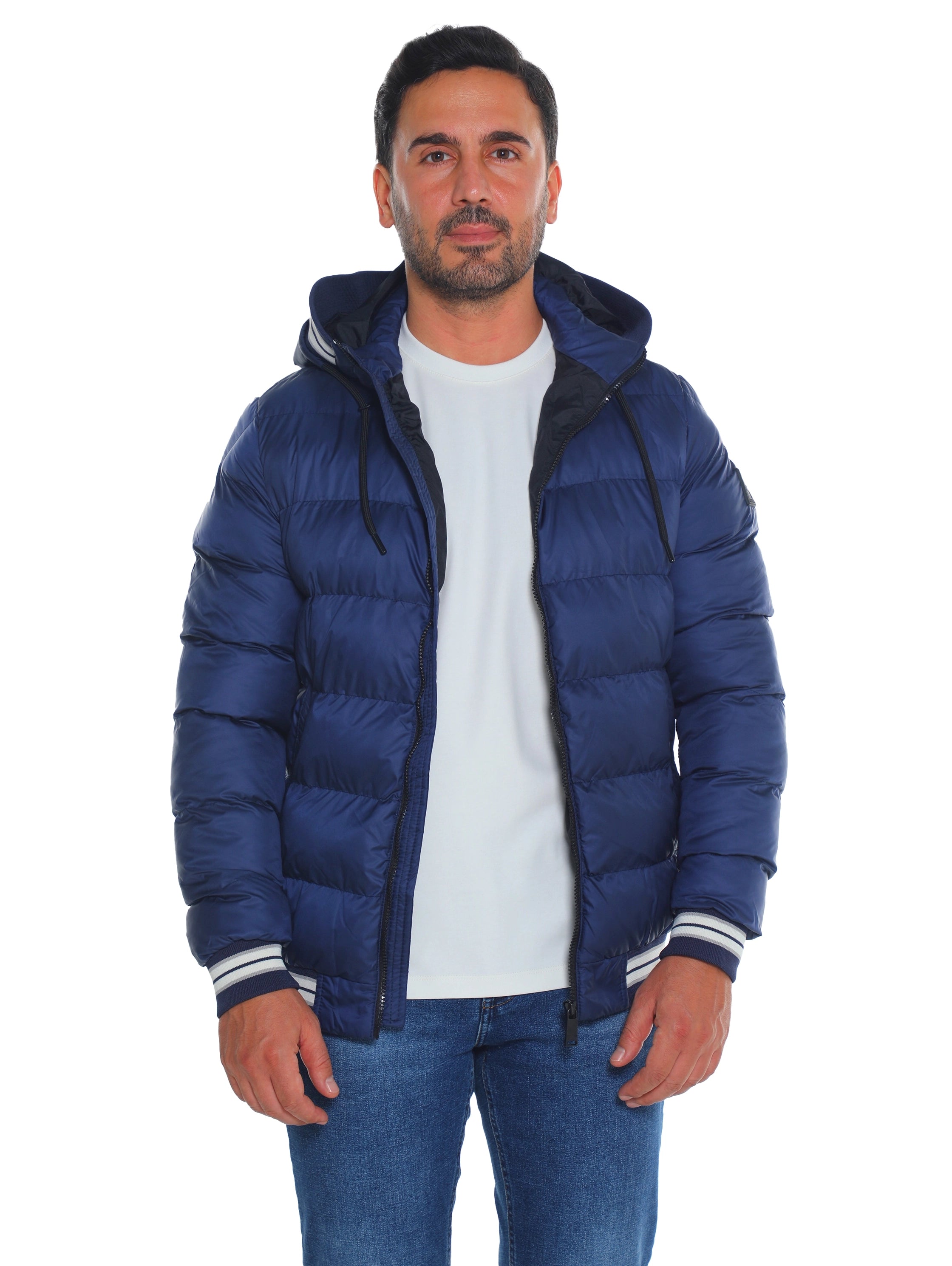 Indigo Padded Puffer Jacket With Front Zip Closure