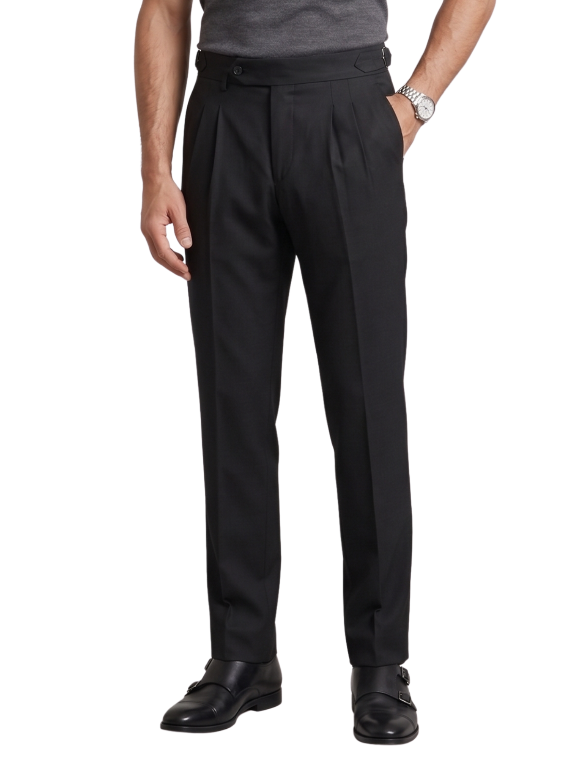 Black High Waistband Pants With A Buttoned Tab Closure & Side Buckles