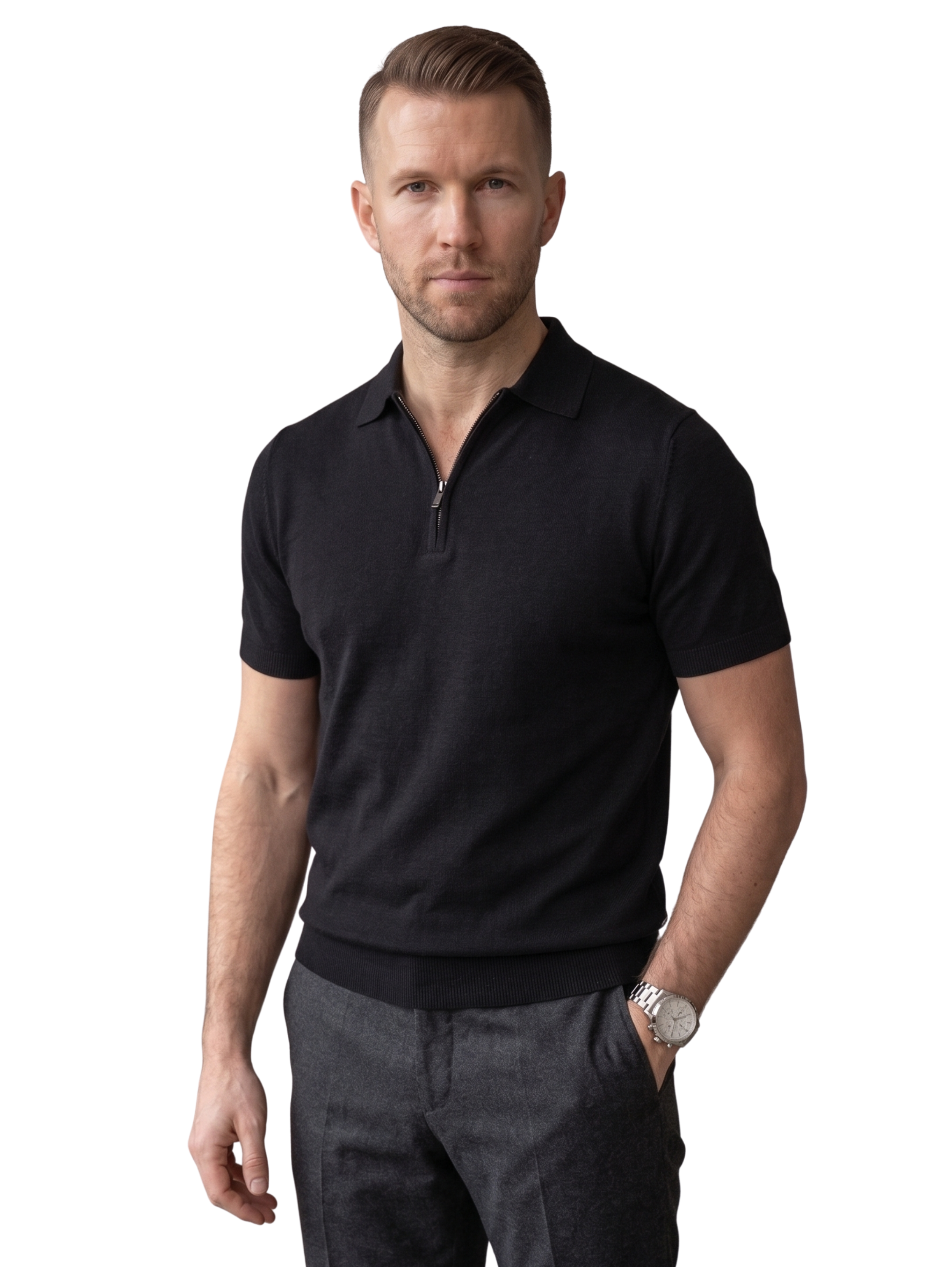 Black Short Sleeved Polo With Neckline Zipper