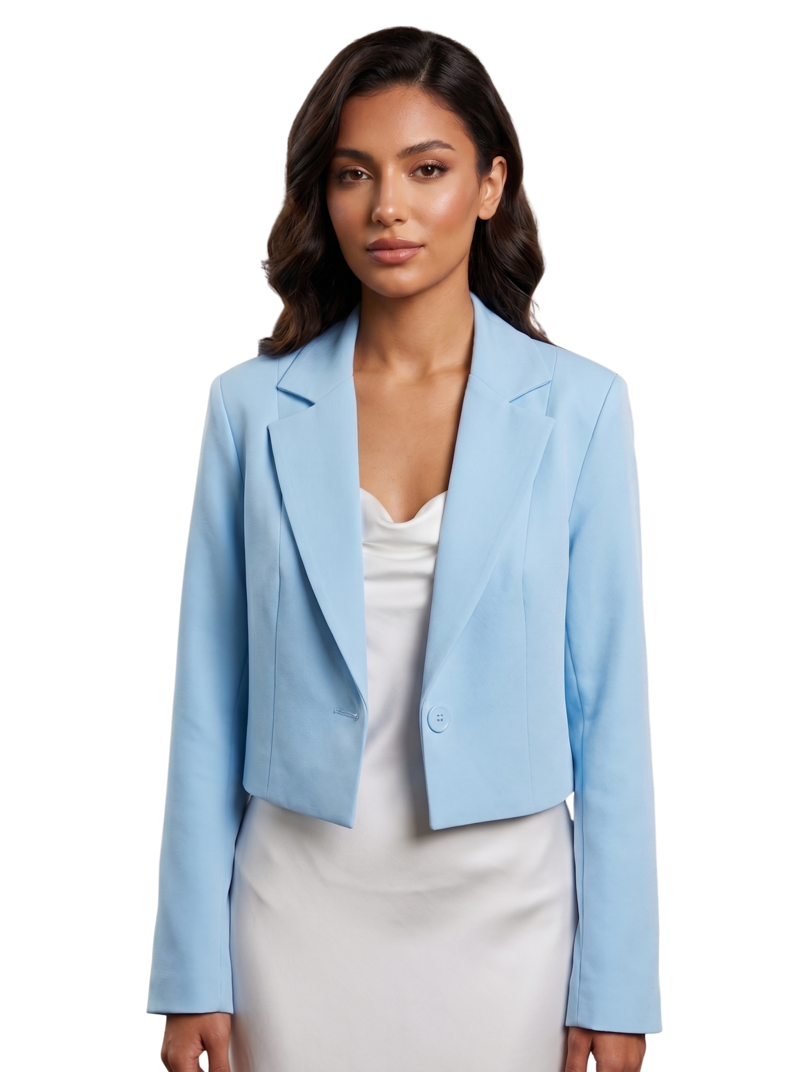 Light Blue Cropped Blazer With Singel Button Closure & Notched Lapel Collar