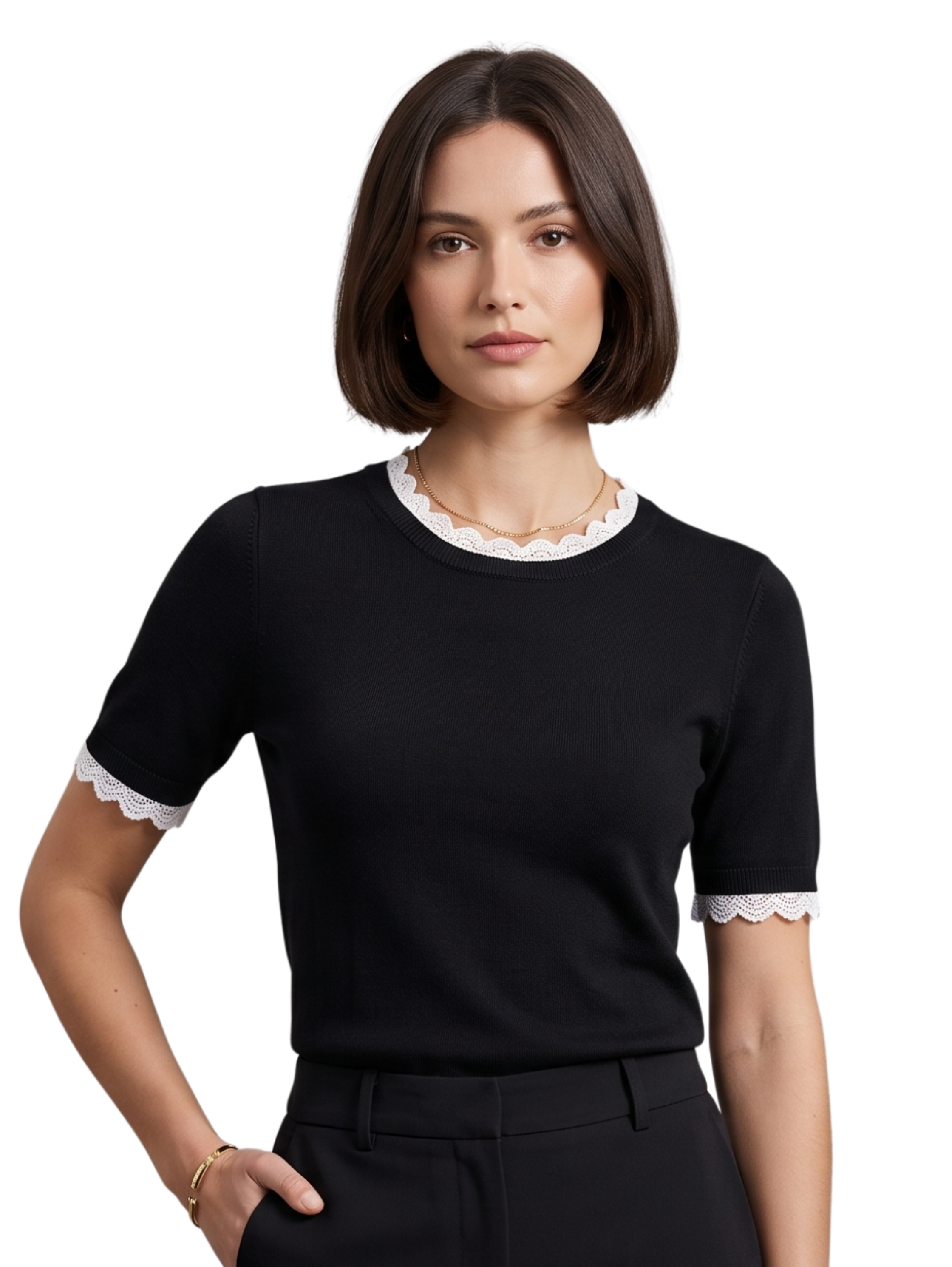 Black Short Sleeved T-Shirt With Lace Design