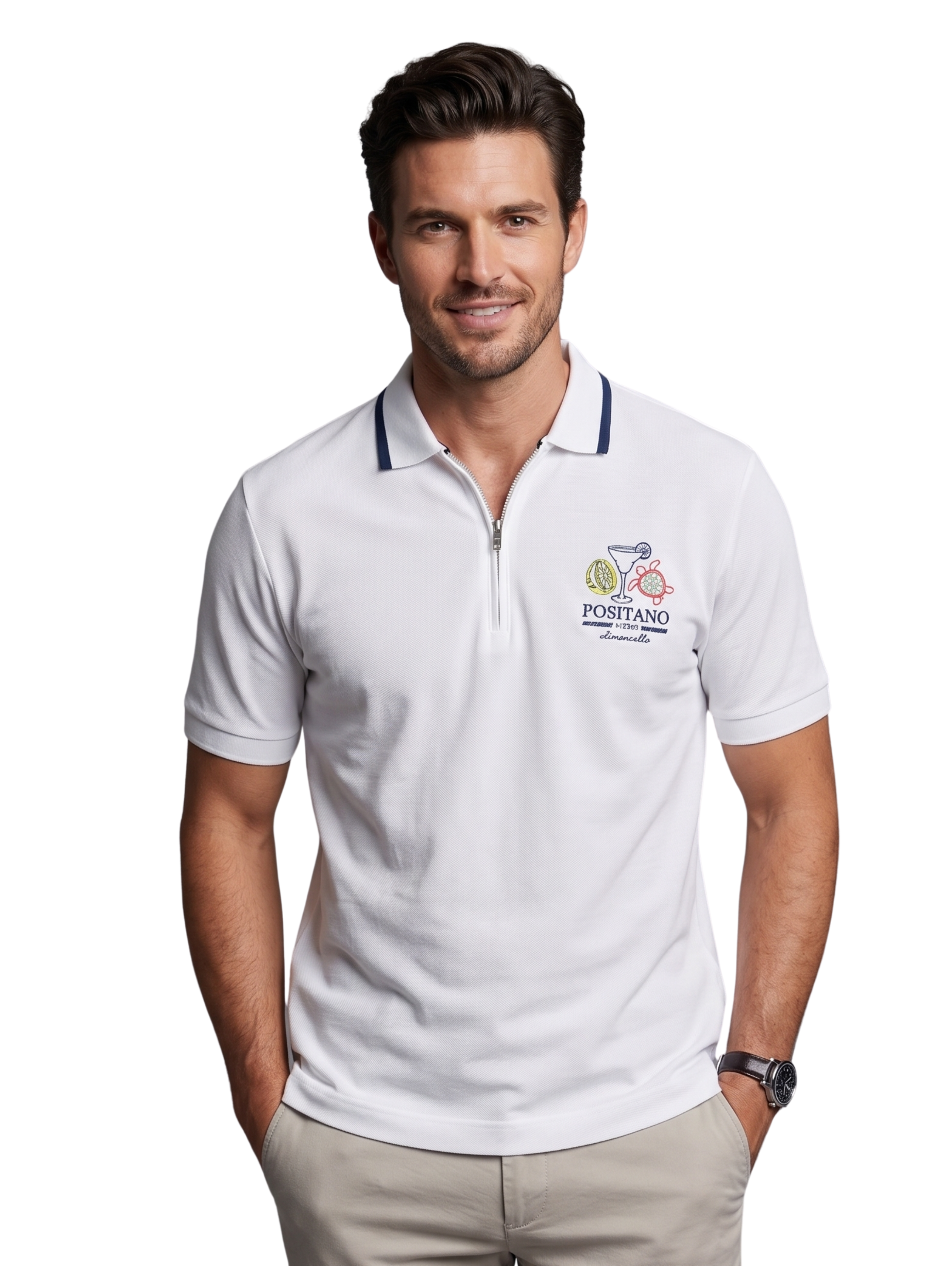 Xint White Short Sleeved Polo With a Modern Quarter Zip Closure & Printed Design