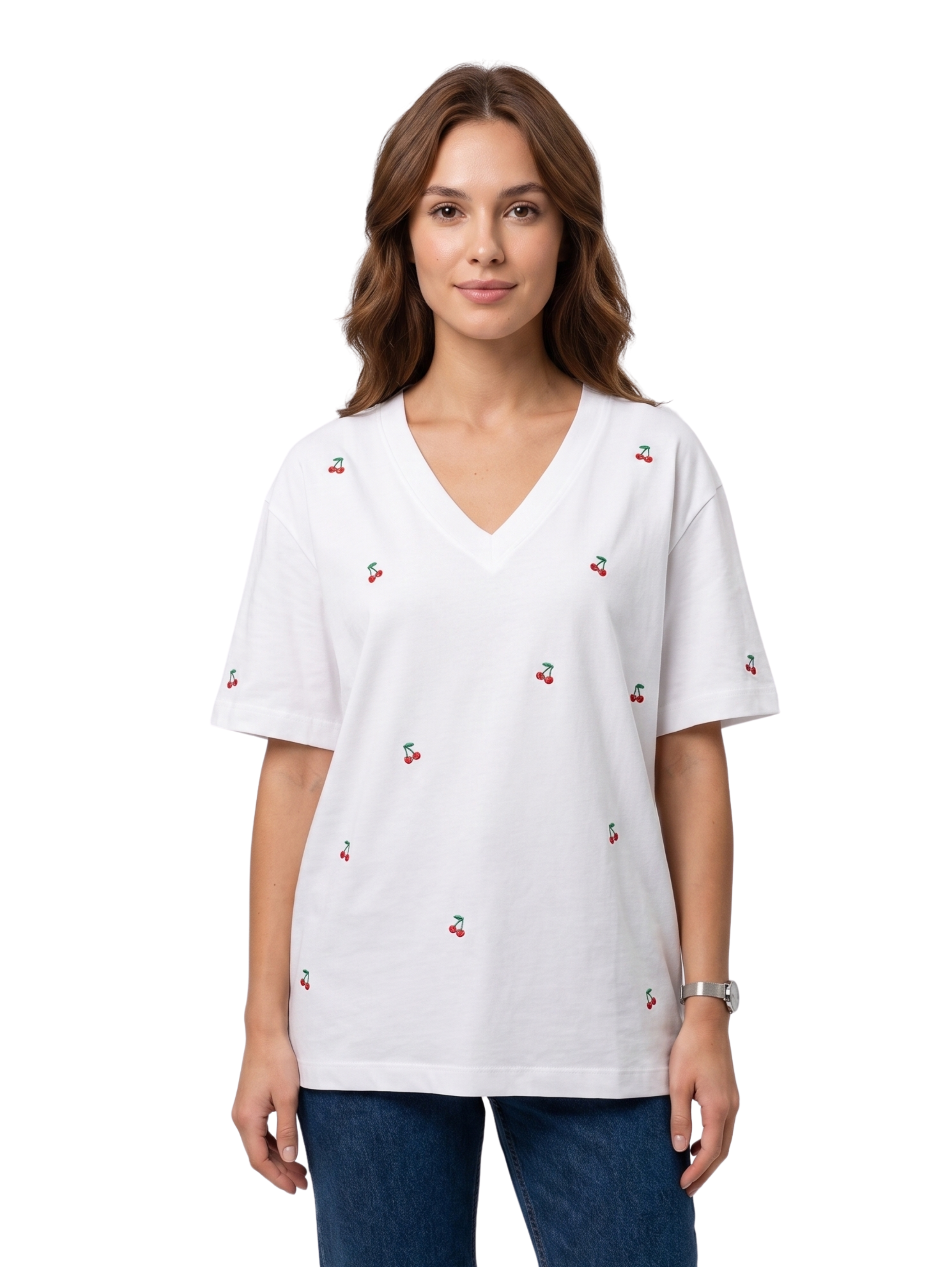 Off White V Neck Short Sleeved T-Shirt With Printed Cherry Design