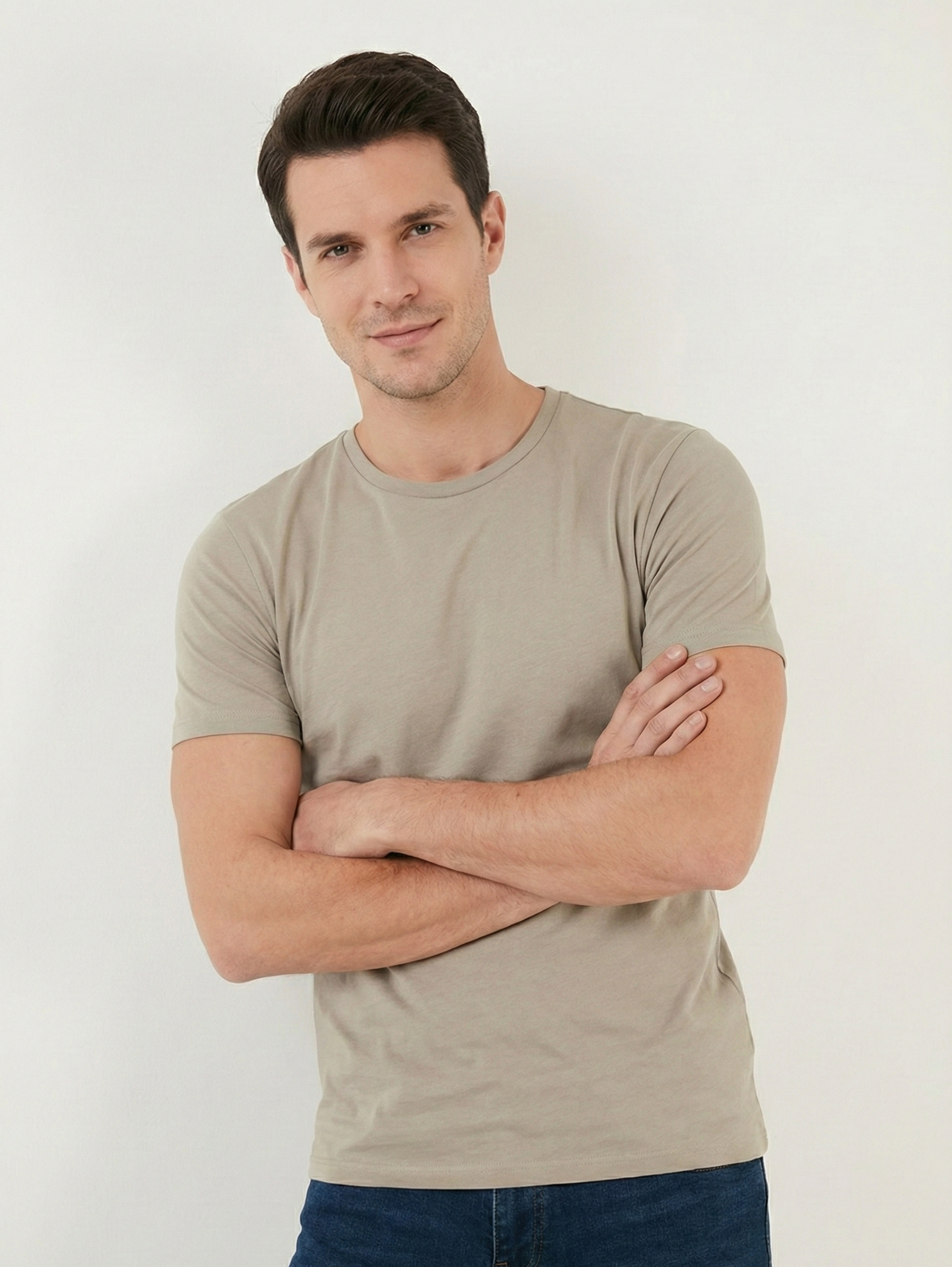 Light Khaki Jack Dapper Short Sleeved Basic T-shirt With Round Neck