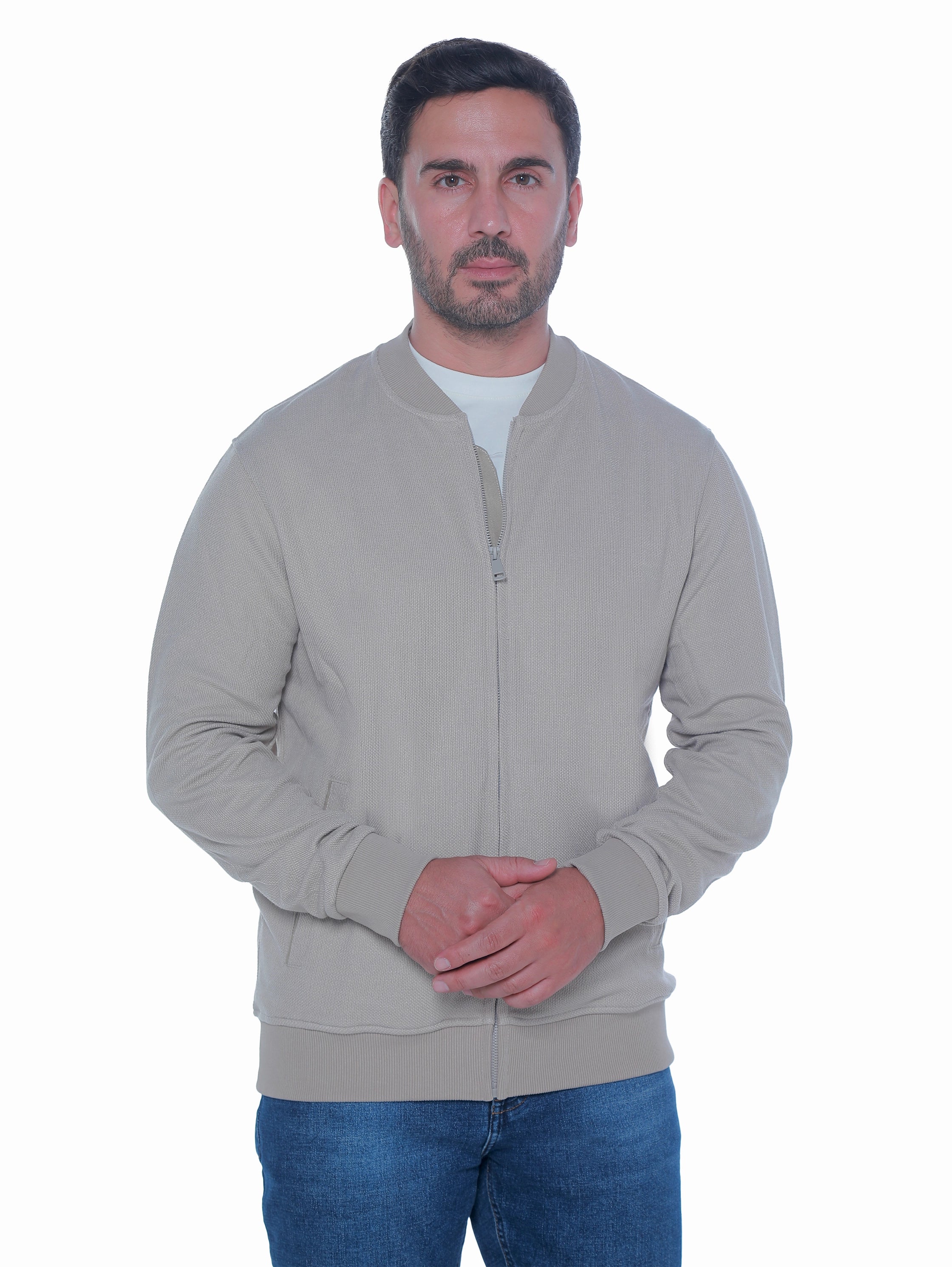 Zippered Beige Jacket With Side Slanted Pockets