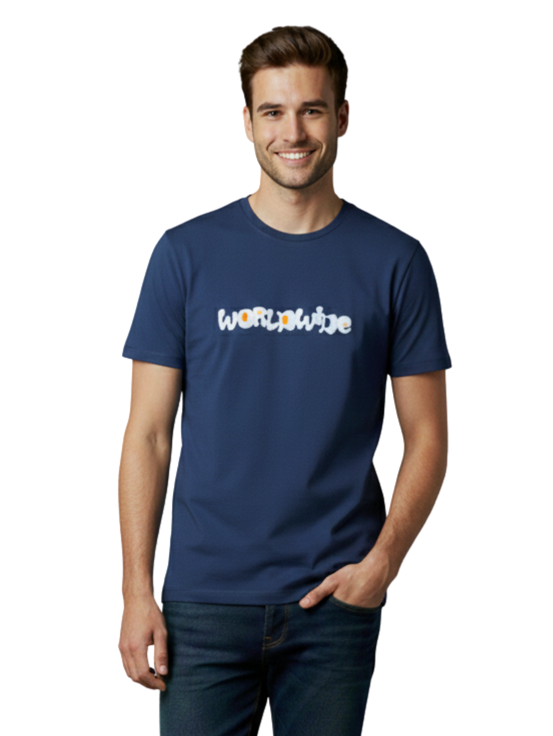 Navy Short Sleeved T-shirt With "World Wide" Printed Design