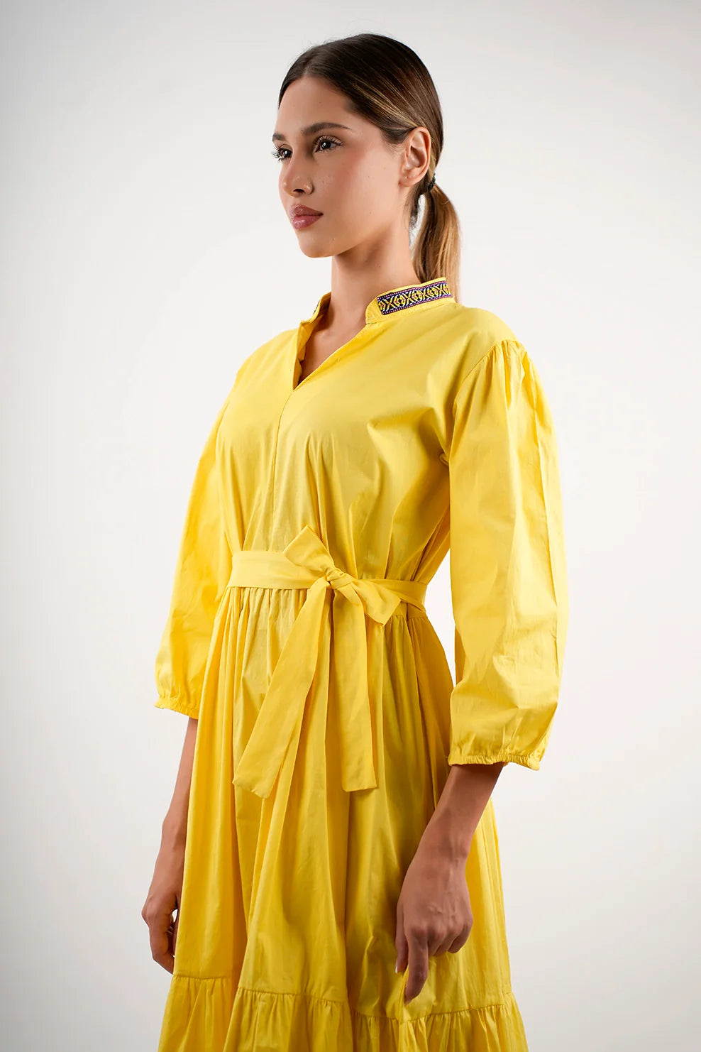 Long Sleeved Yellow Dress With Wing Collar