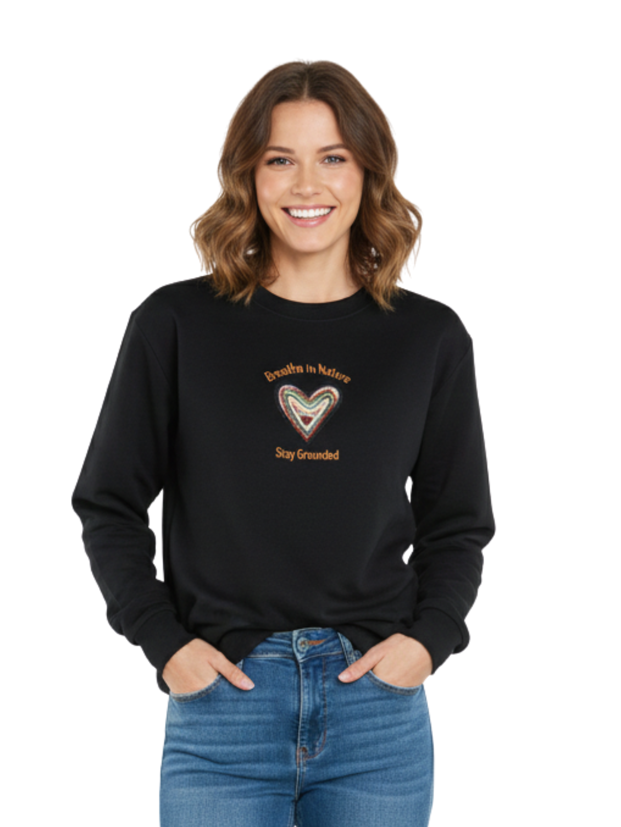 Round Neck Black Sweater With Heart Front Design