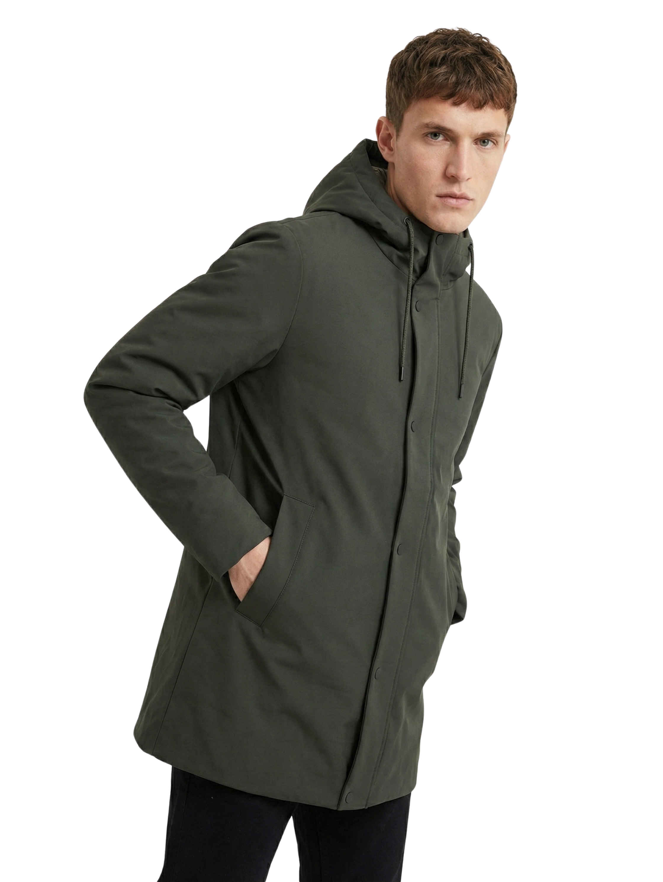 Damat Long Dark Green Jacket With Adjustable Drawstring Hood