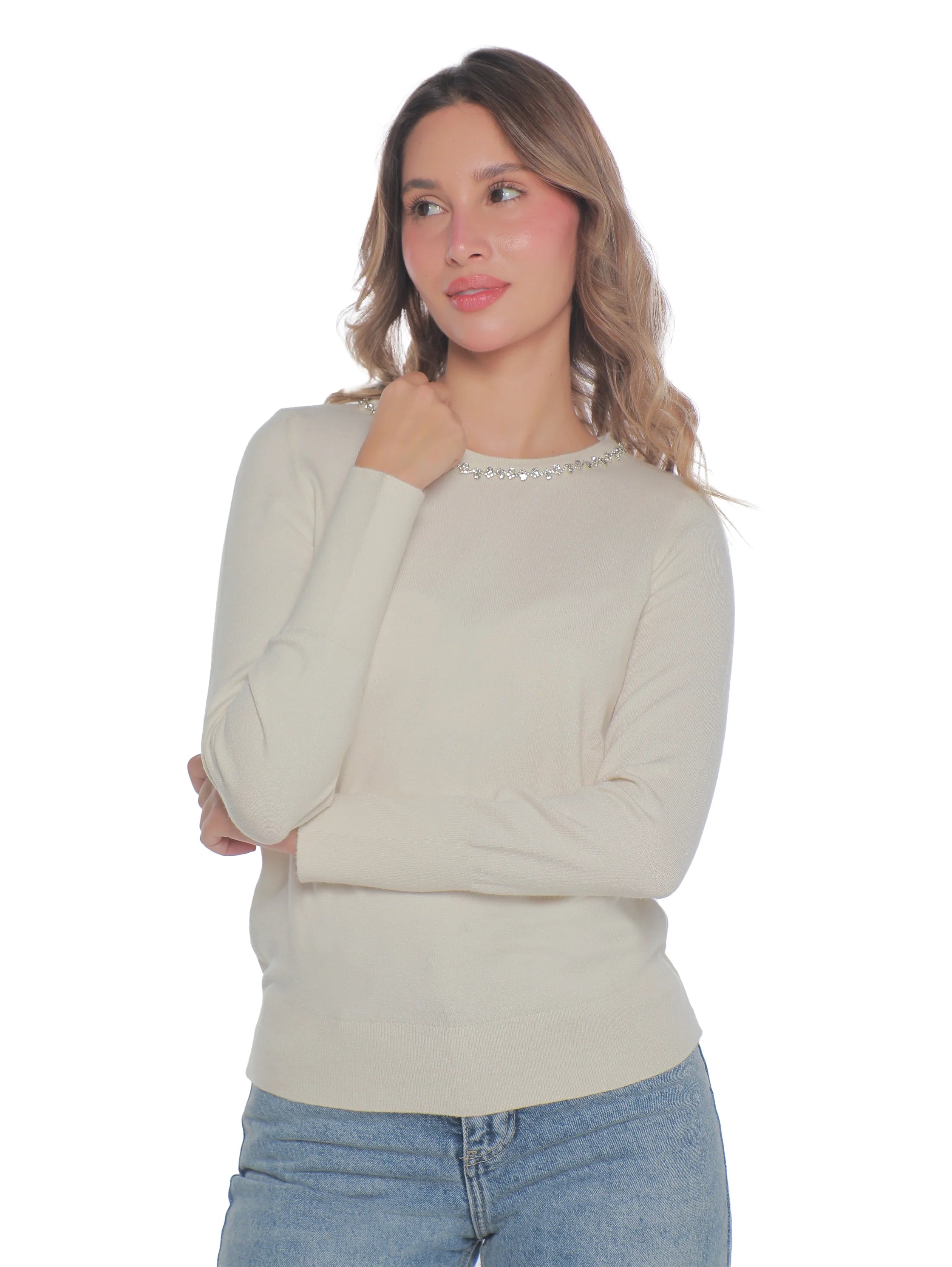 Beige Soft Pullover With Necklace Attached Design