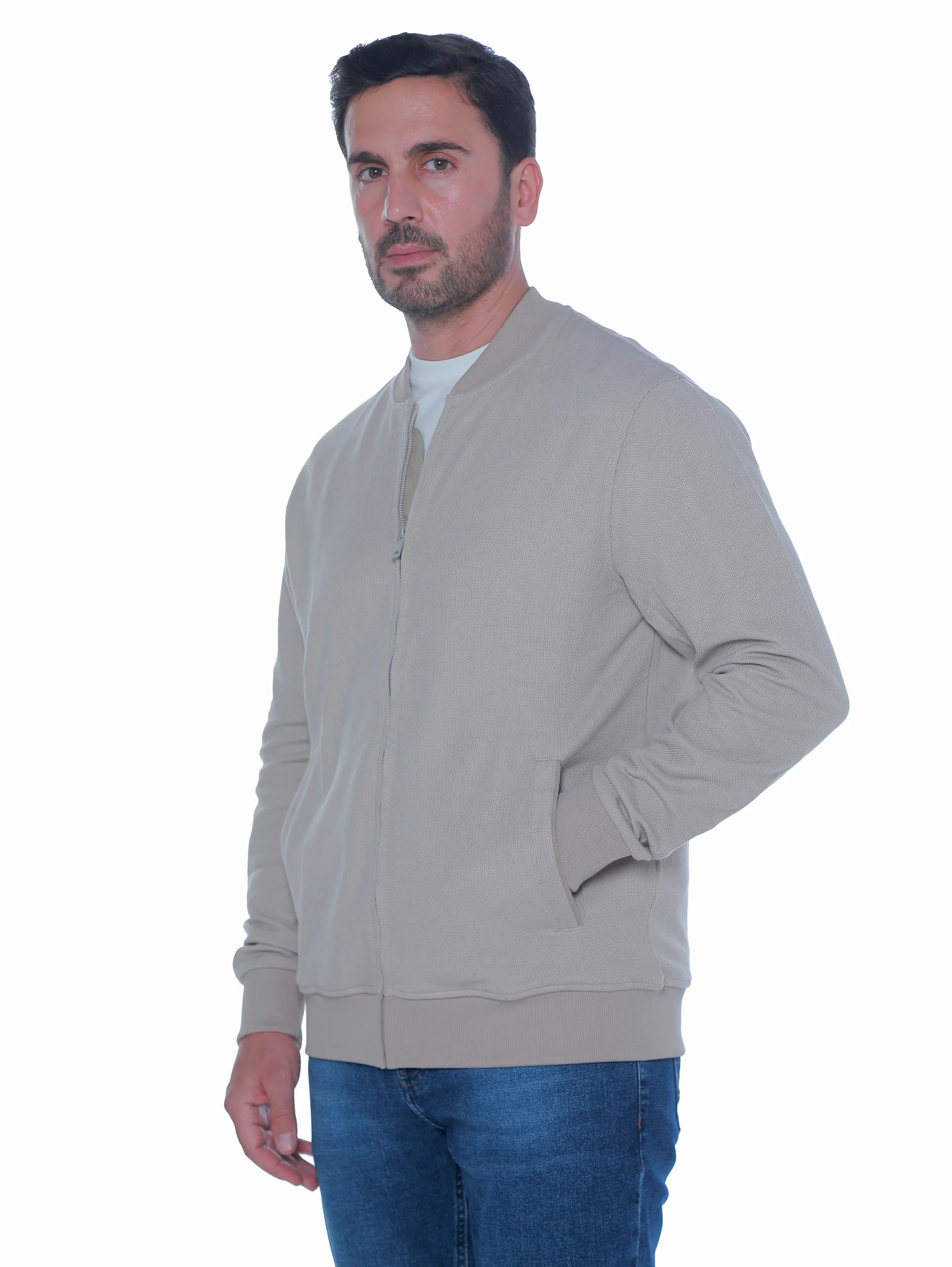Zippered Beige Jacket With Side Slanted Pockets