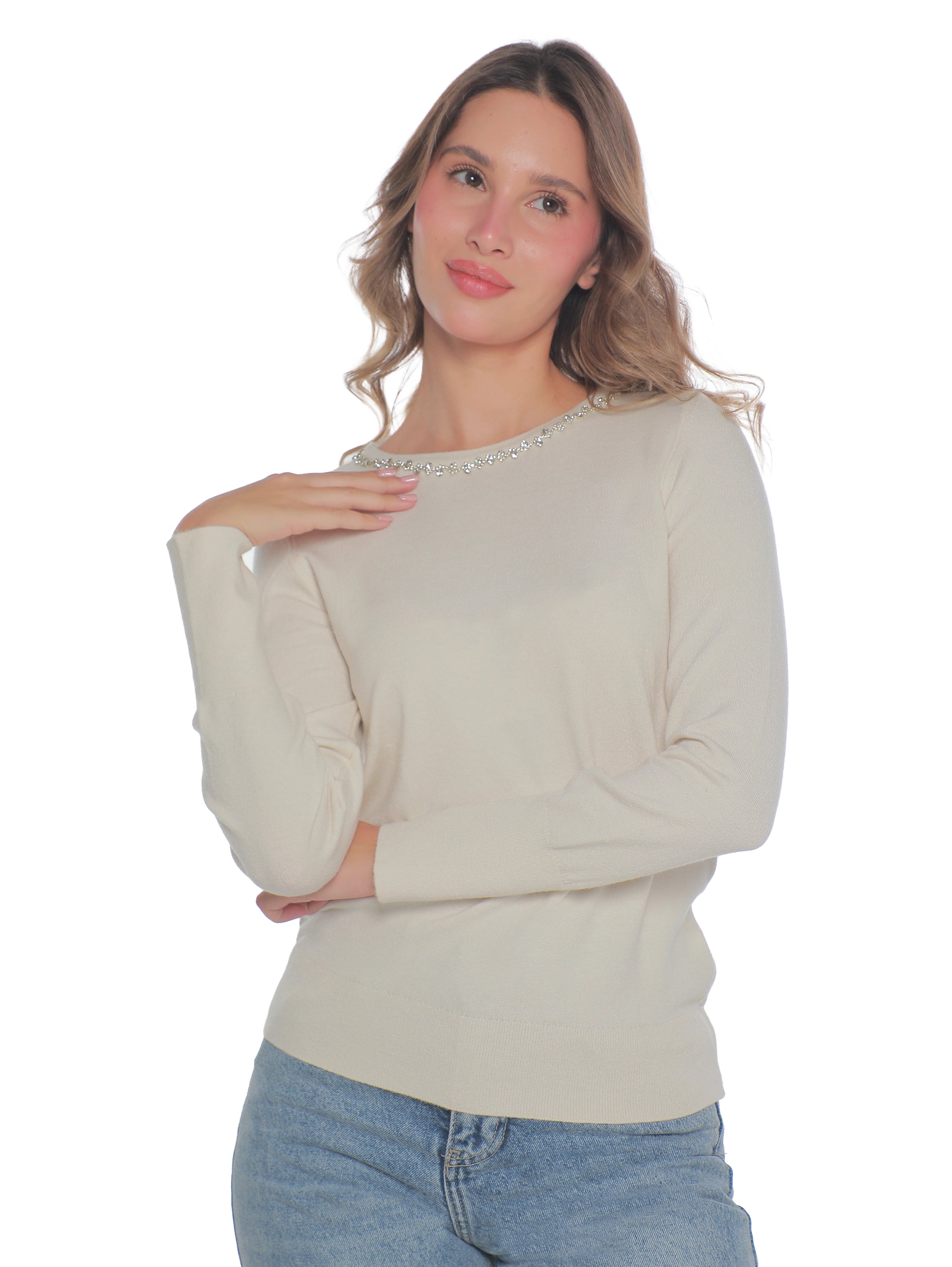 Beige Soft Pullover With Necklace Attached Design