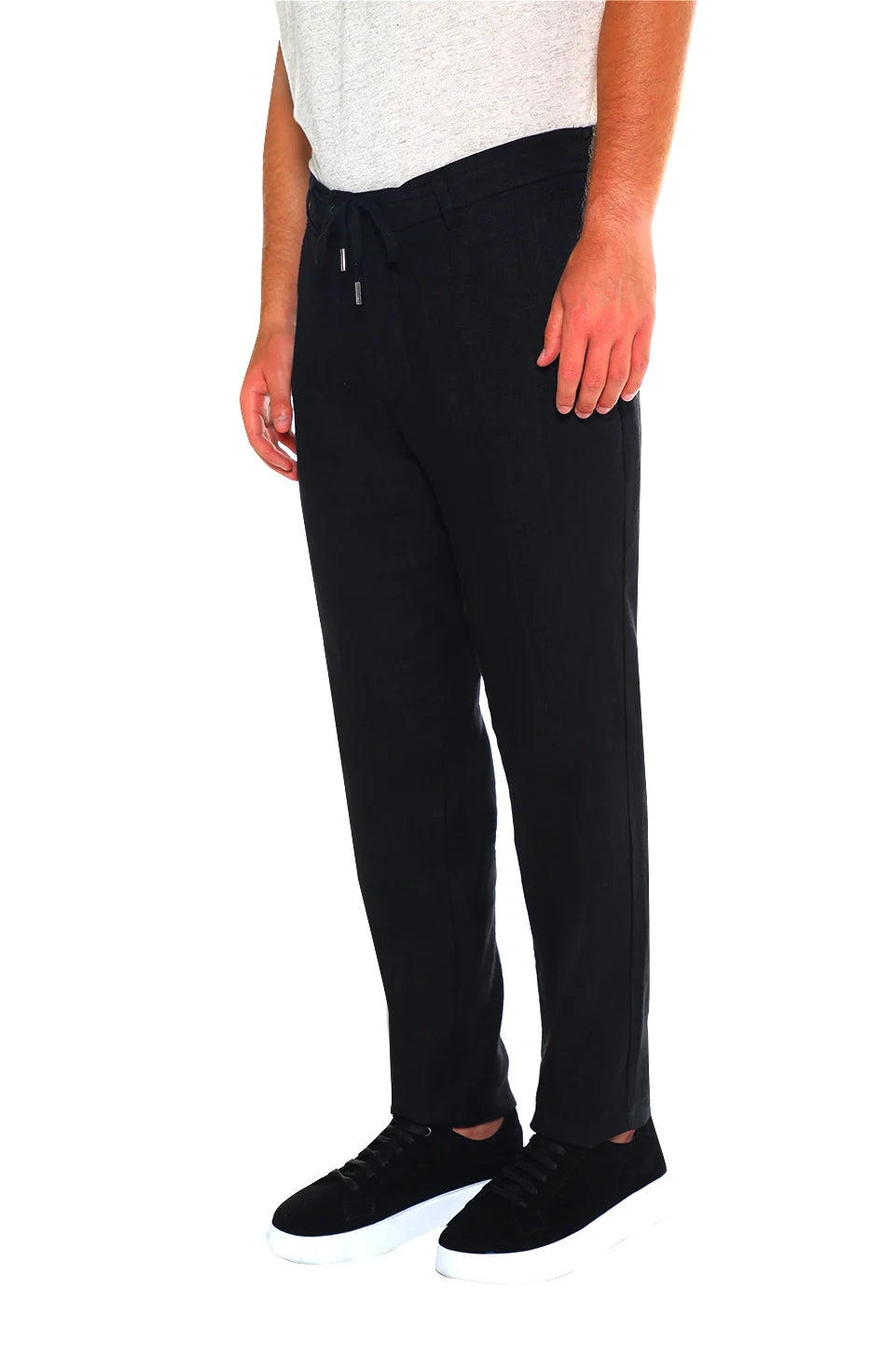 Black Linen Pant With Waisted Tie