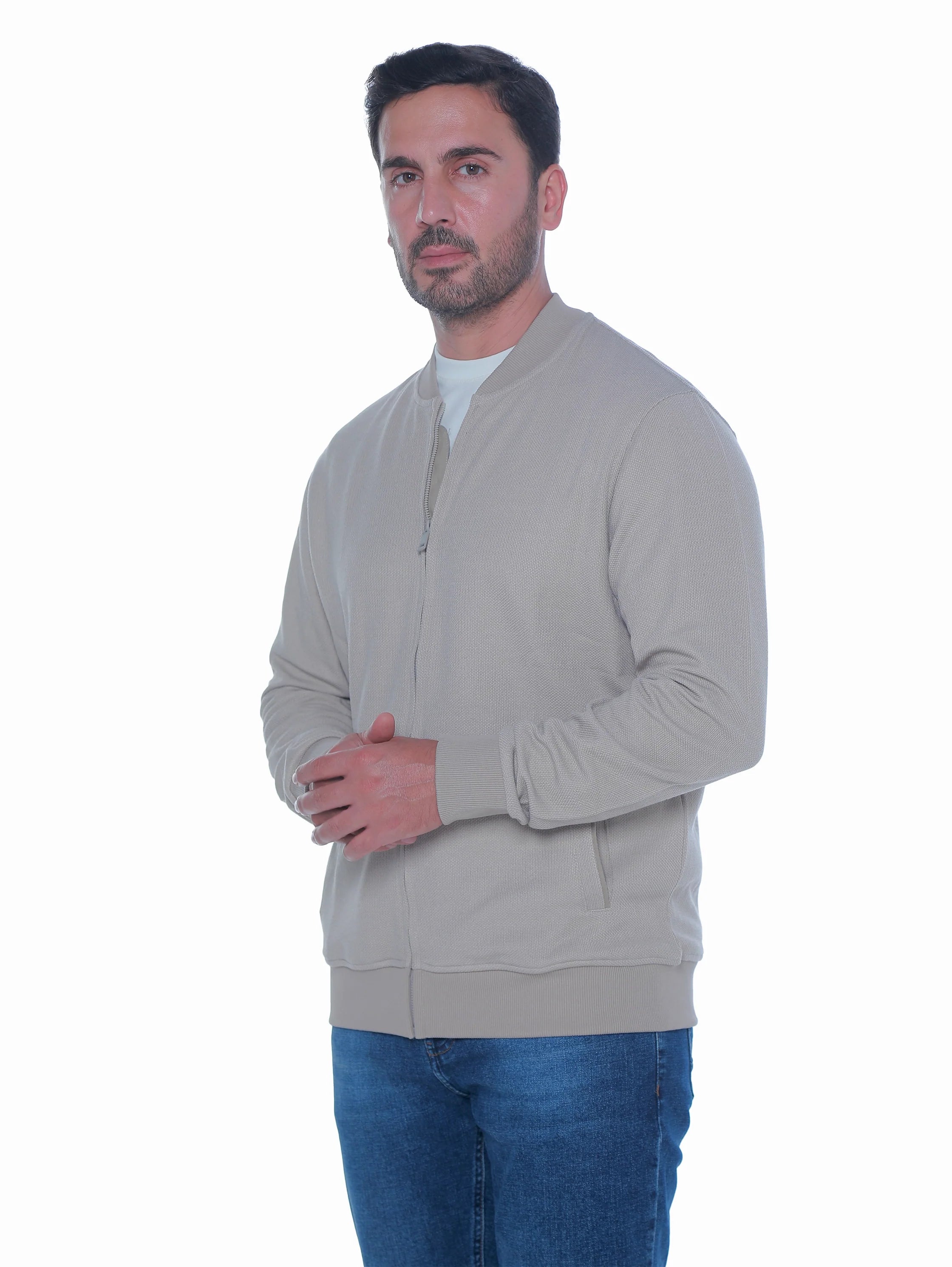 Zippered Beige Jacket With Side Slanted Pockets