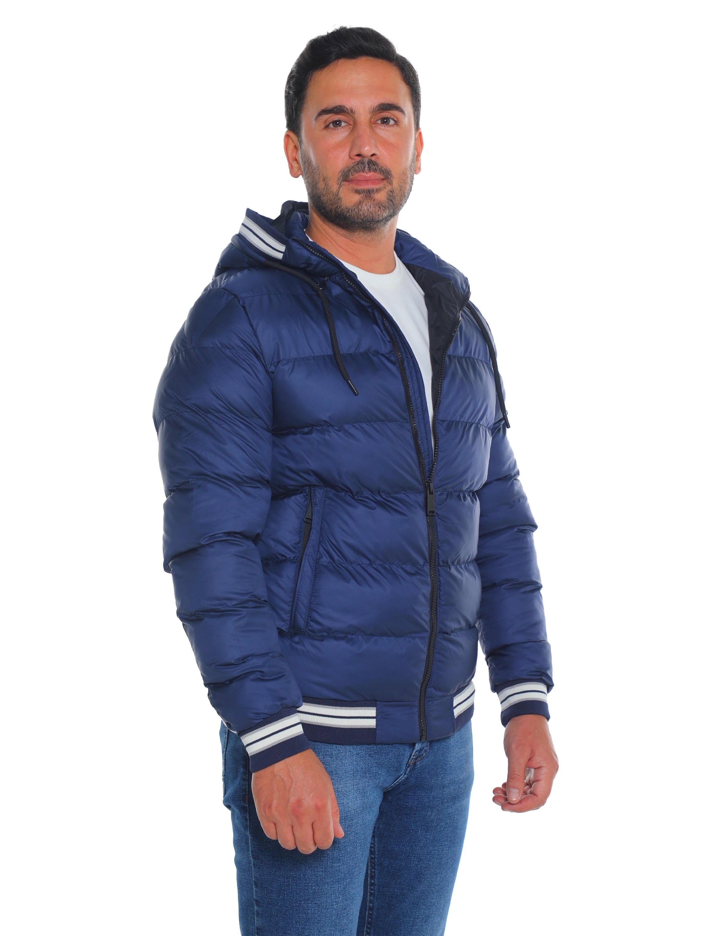 Indigo Padded Puffer Jacket With Front Zip Closure