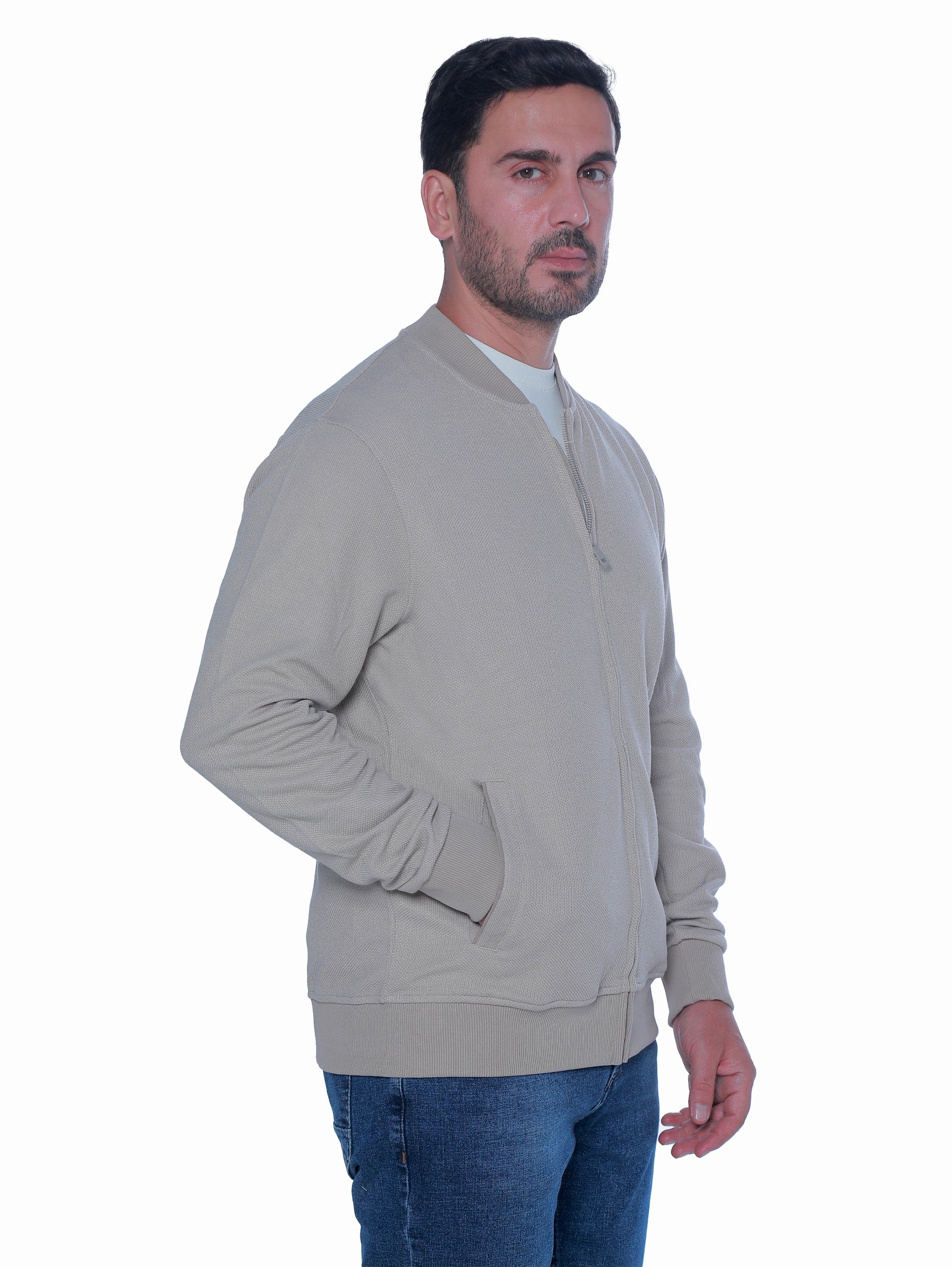 Zippered Beige Jacket With Side Slanted Pockets