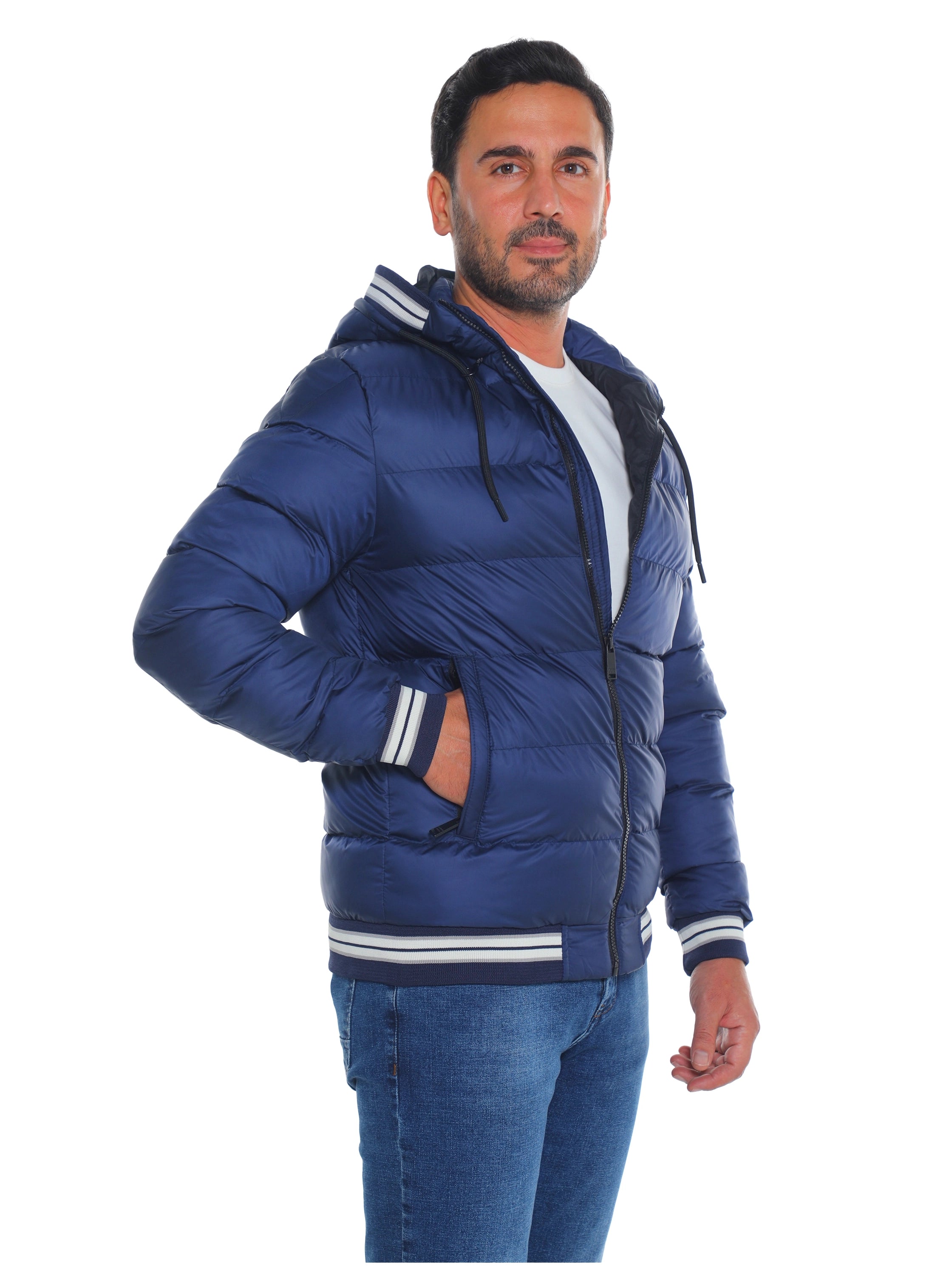 Indigo Padded Puffer Jacket With Front Zip Closure
